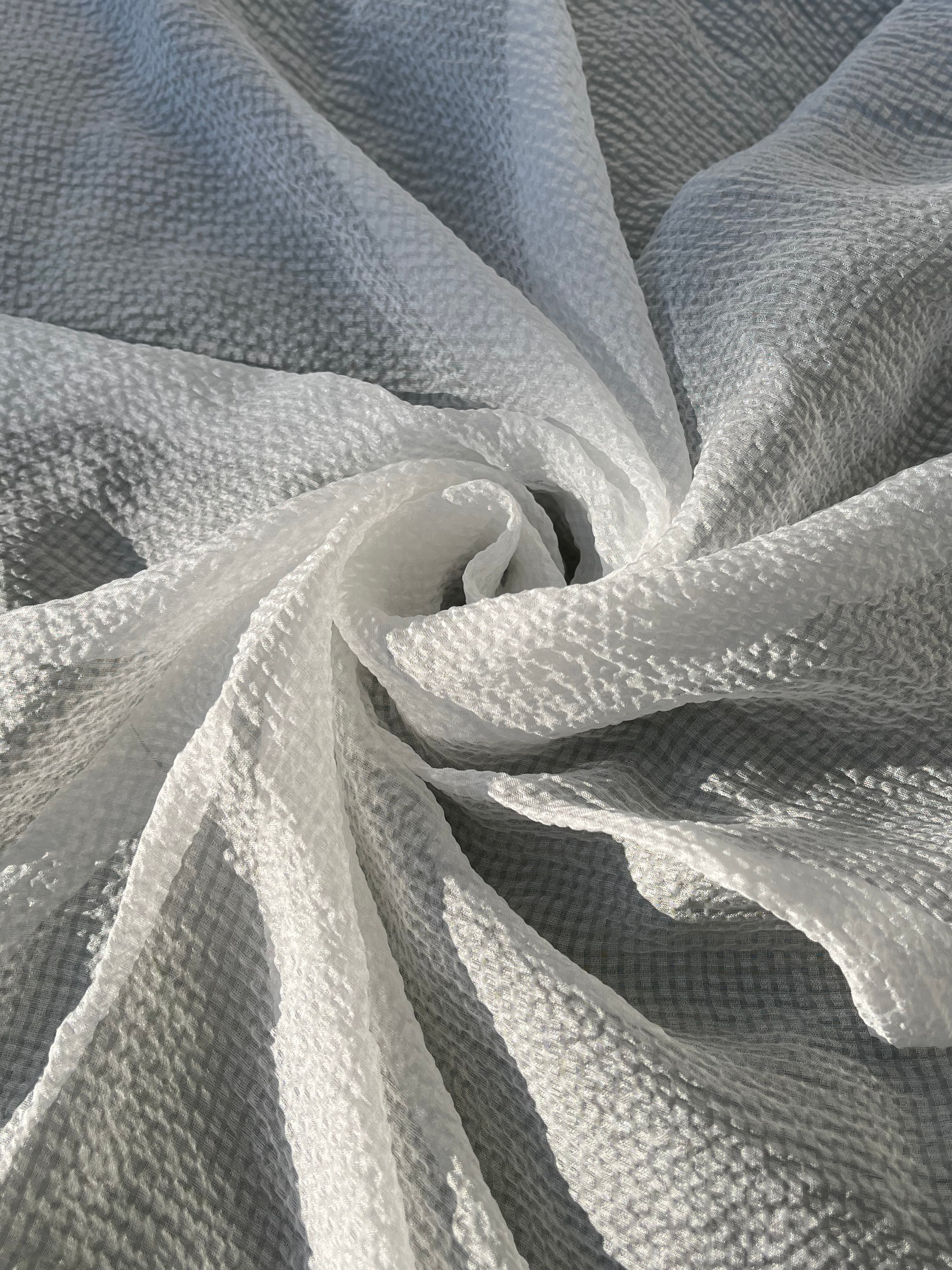 Transparent White Crinkle Effect Satin Pure Silk.
