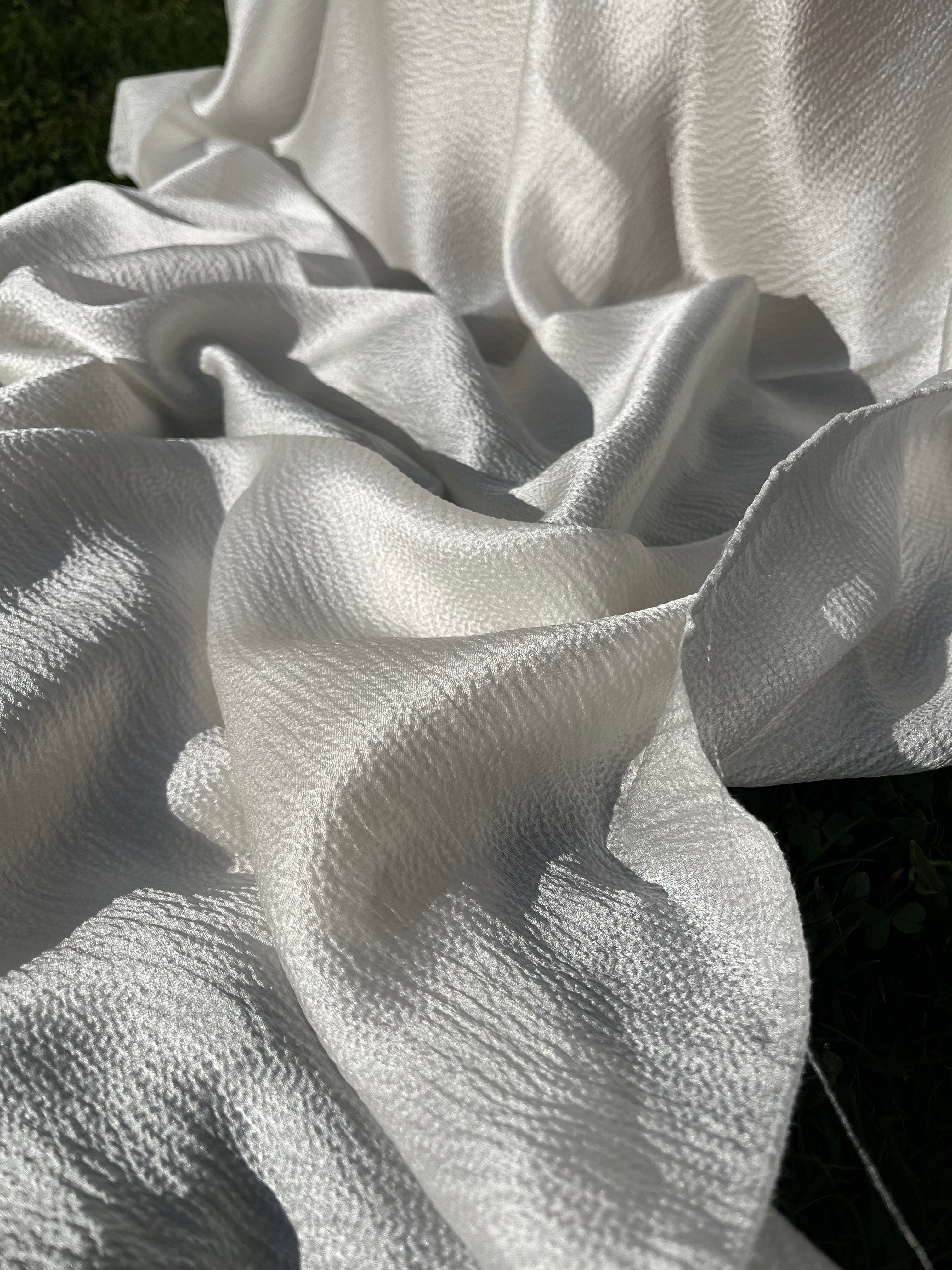 White Crinkle Effect Satin Pure Silk.