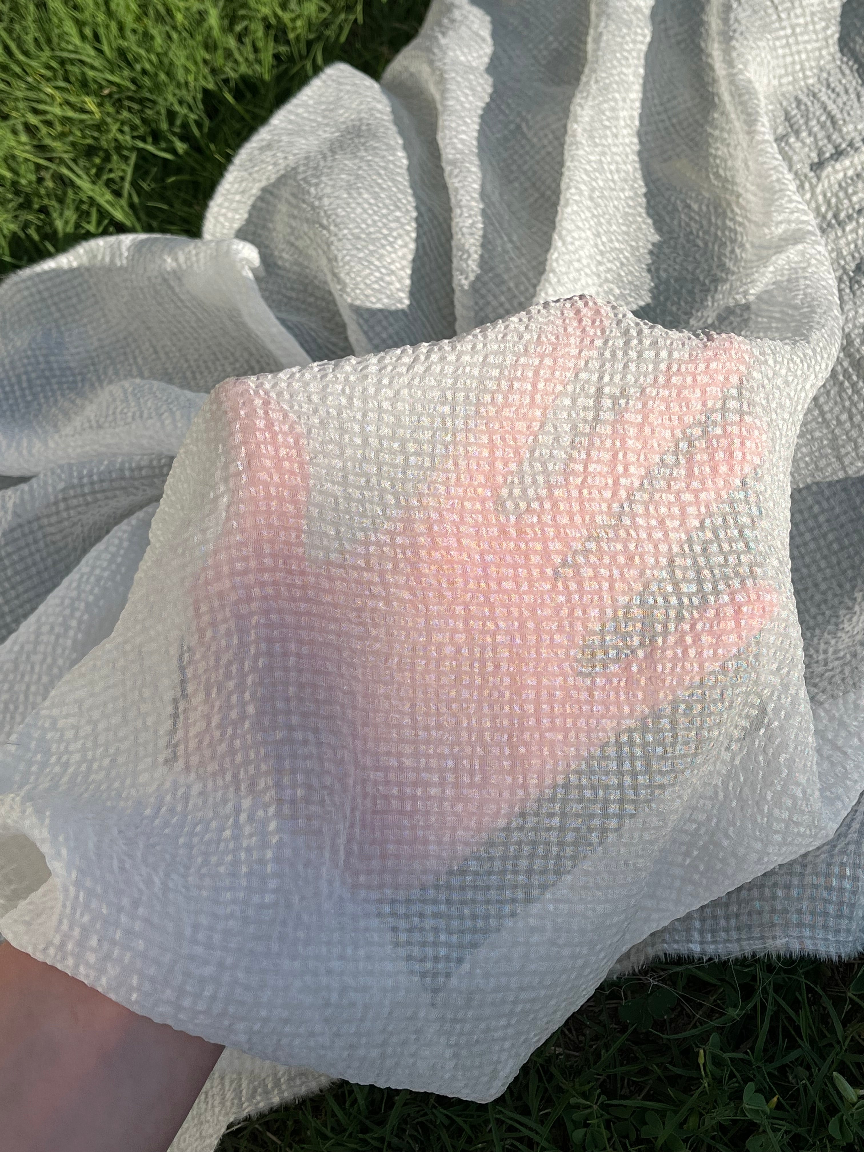 Transparent White Crinkle Effect Satin Pure Silk.