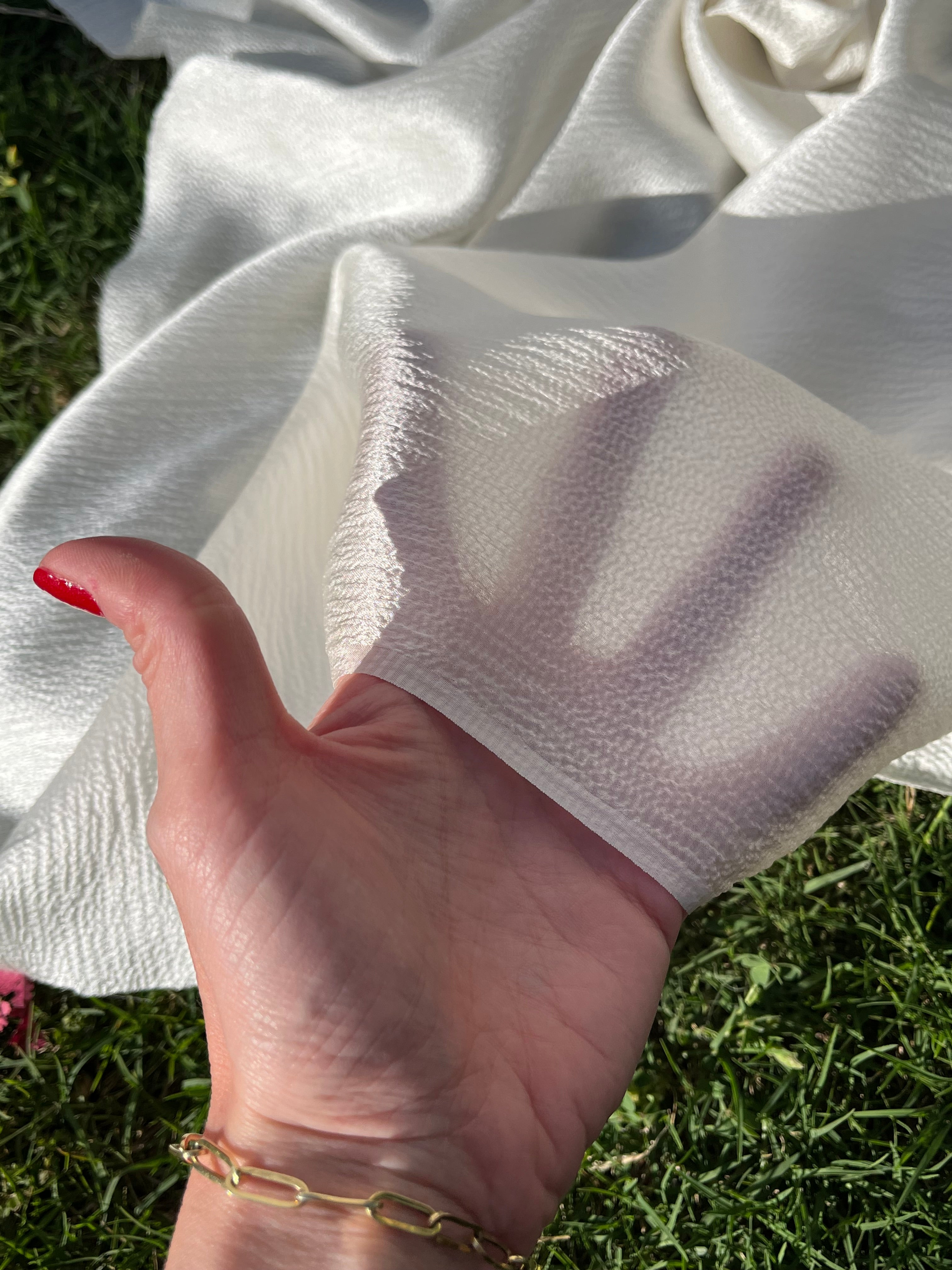 White Crinkle Effect Satin Pure Silk.