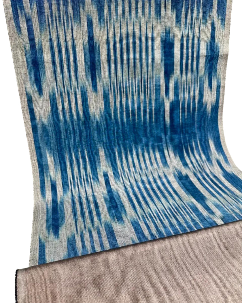 Ikat Silver Blue Striped Silk Home Textile Interior Fabrics Moire, Watermark Pattern.