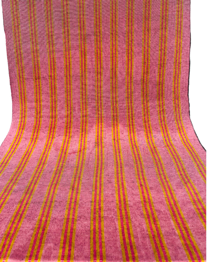 Pastel Pink Silk Moire Fabric, Watermark Pattern, Yellow Stripes.