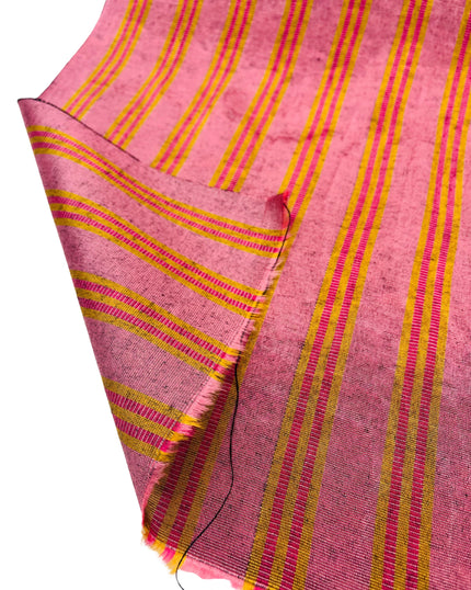 Pastel Pink Silk Moire Fabric, Watermark Pattern, Yellow Stripes.