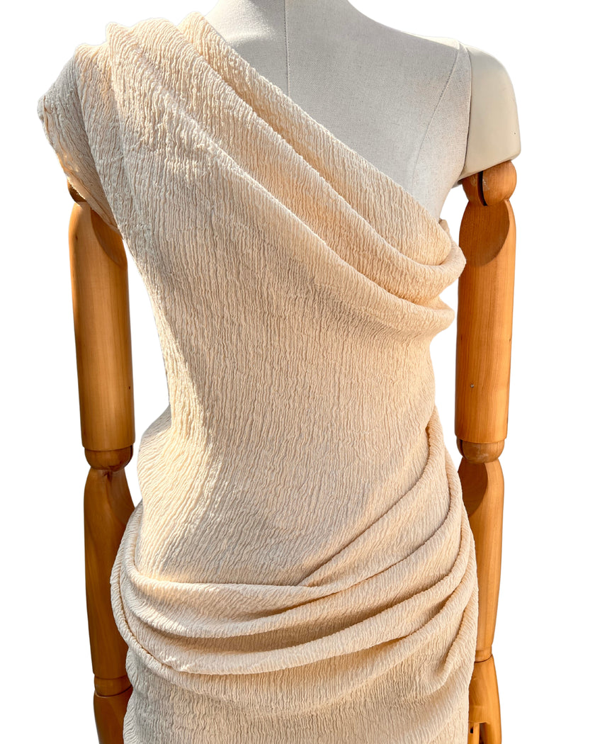 Neutral Stretchy Crinkle Cotton Fabric, Textured Surface, Off White Handwoven.
