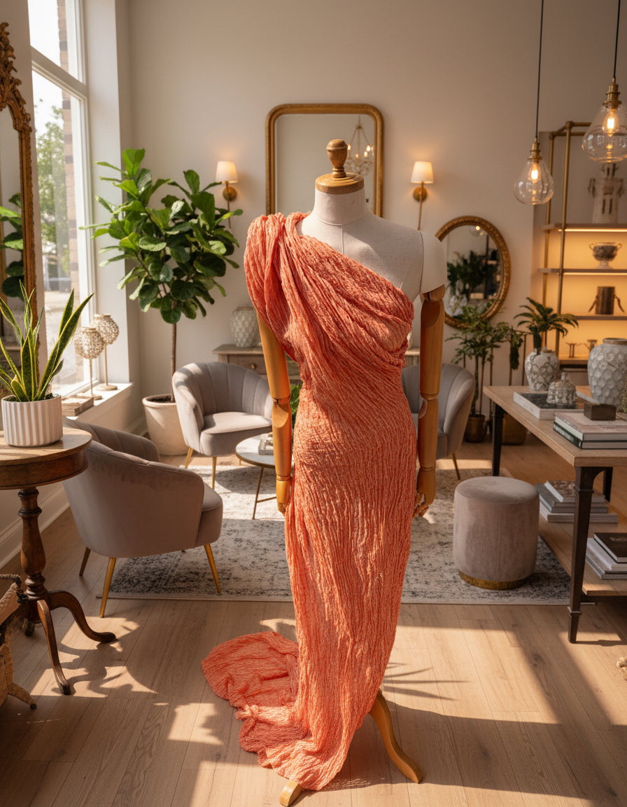 Orange Natural Sheer, Textured Cotton Linen Mix Special Fabrics.