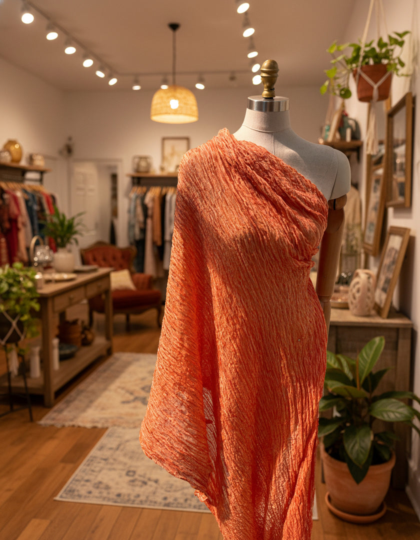 Orange Natural Sheer, Textured Cotton Linen Mix Special Fabrics.