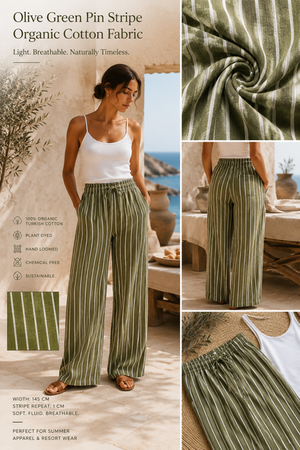 Organic Olive Green & White Pin Stripe Cotton Fabric by the Yard | 145 cm Turkish Cotton