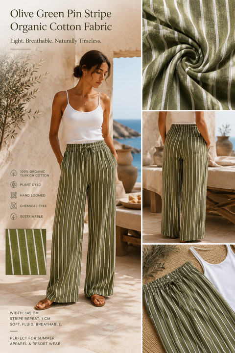 Organic Olive Green & White Pin Stripe Cotton Fabric by the Yard | 145 cm Turkish Cotton