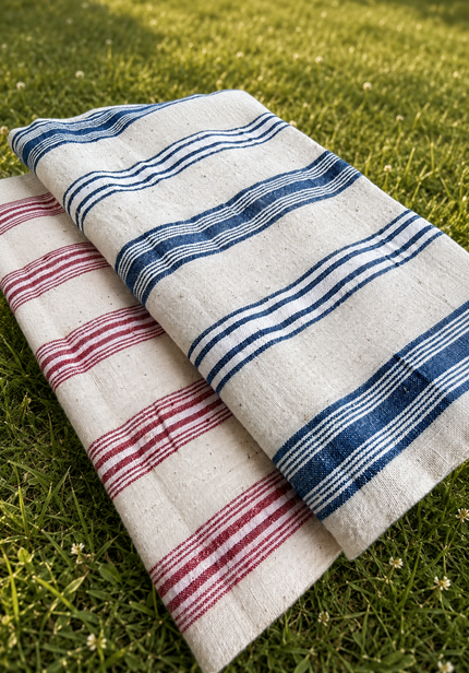 Vintage Blue Striped Grain Sack Linen Fabric – French Farmhouse Upholstery Textile | Organic Linen Cotton
