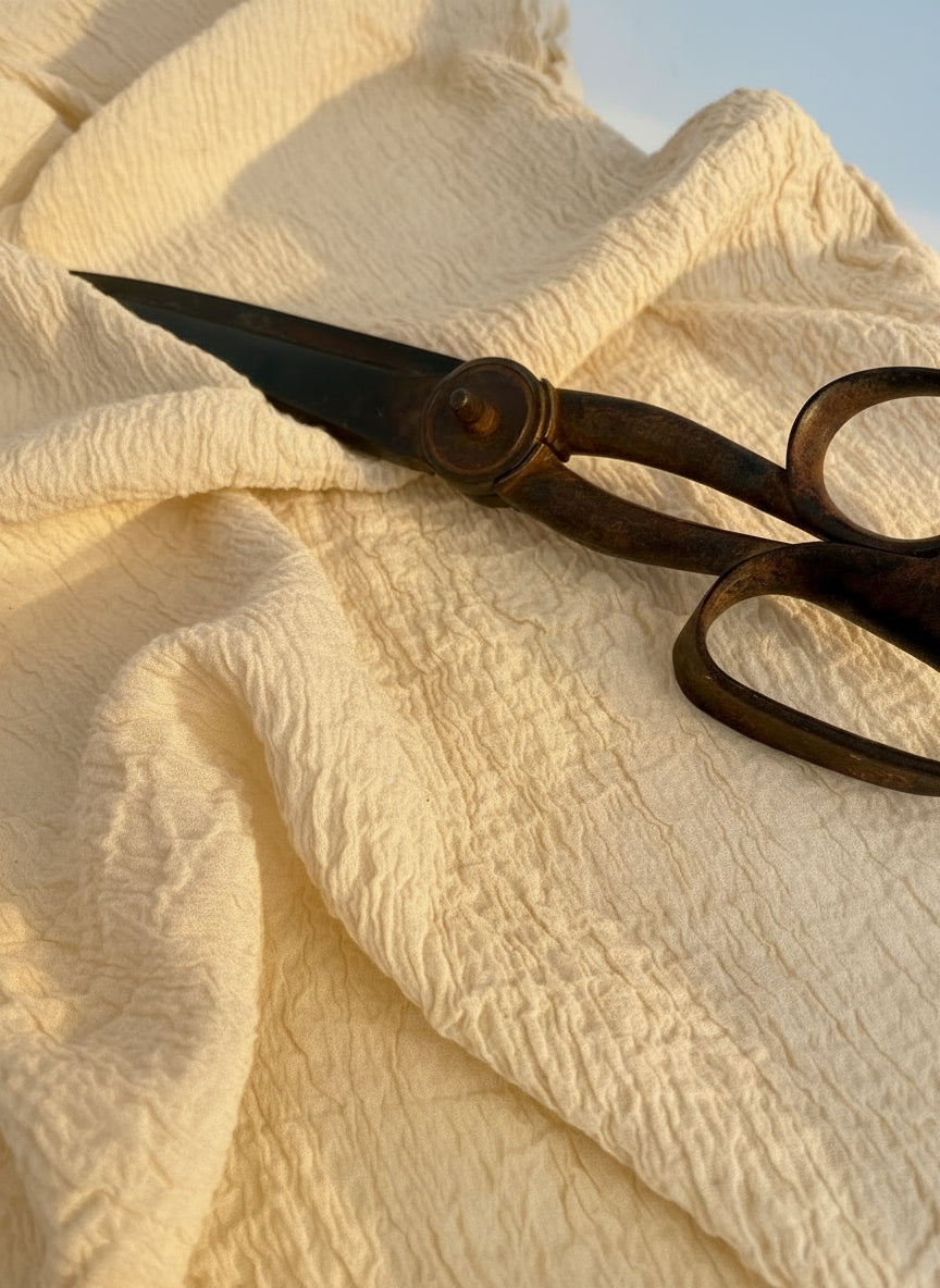 Neutral Stretchy Crinkle Cotton Fabric, Textured Surface, Off White Handwoven.