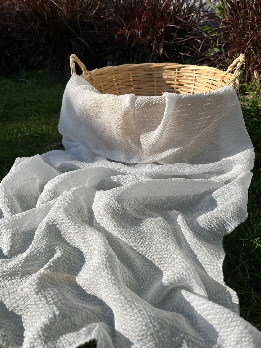 Transparent White Crinkle Effect Satin Pure Silk.