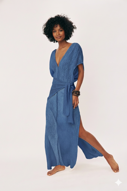 Indigo Blue Textured Sheer Linen Fabric
