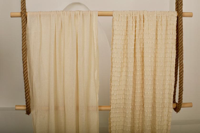 Neutral Textured Cotton Stretchy Crinkle Fabric.