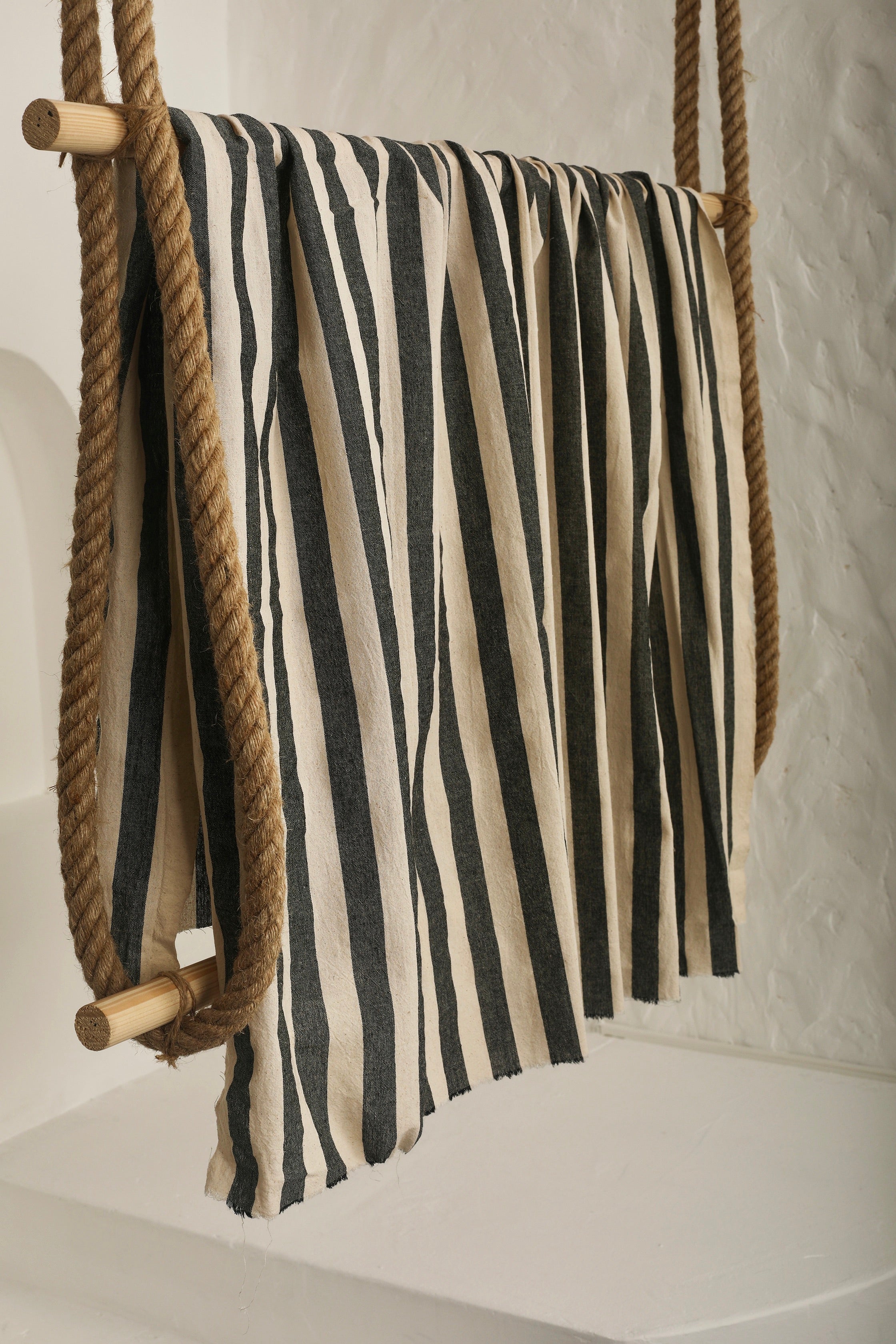 Sile Cloth Cotton Natural Fabric With Black Stripes.