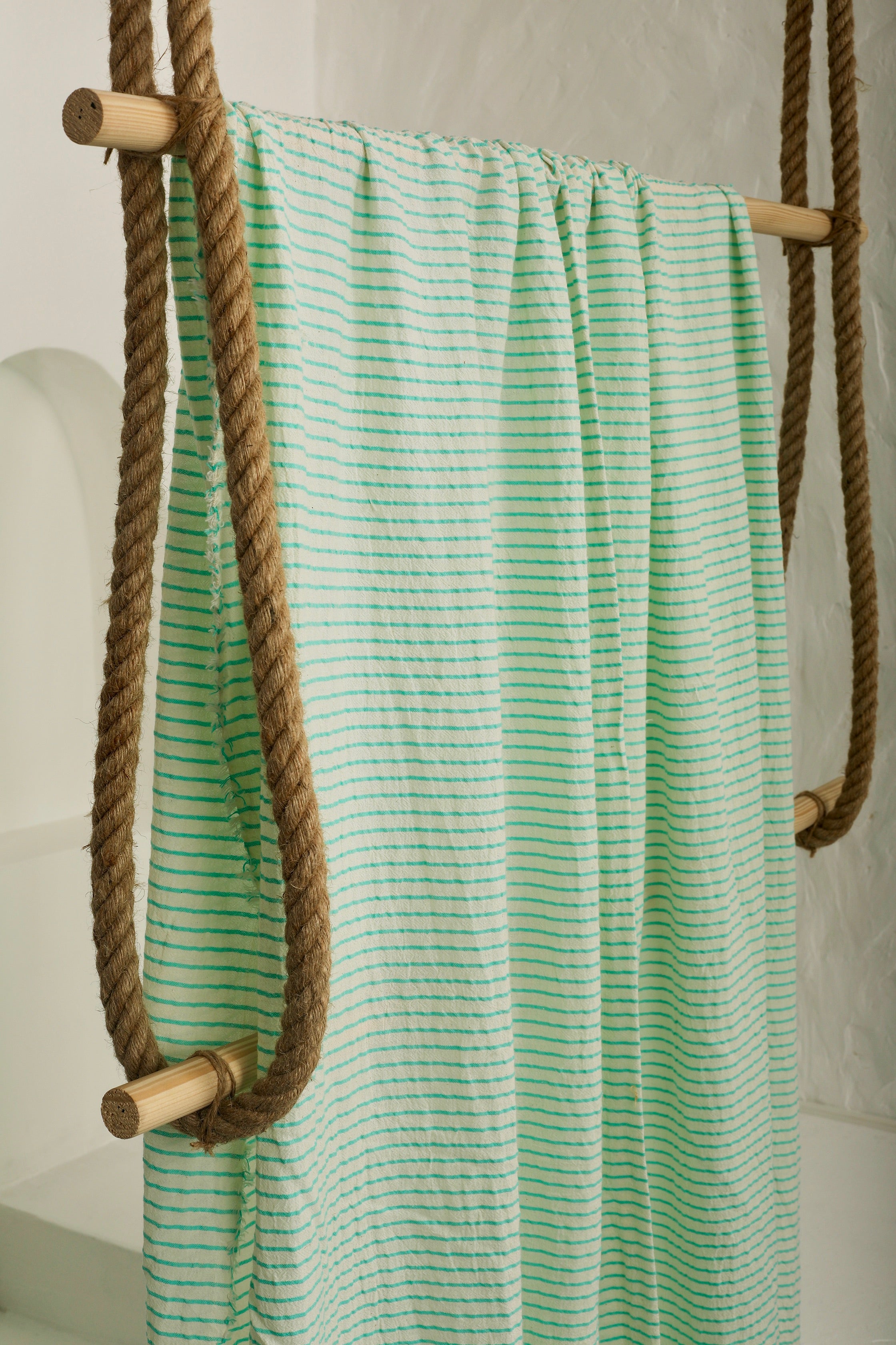 Mint Green Striped Neutral Organic Cotton Fabric By The Meter.