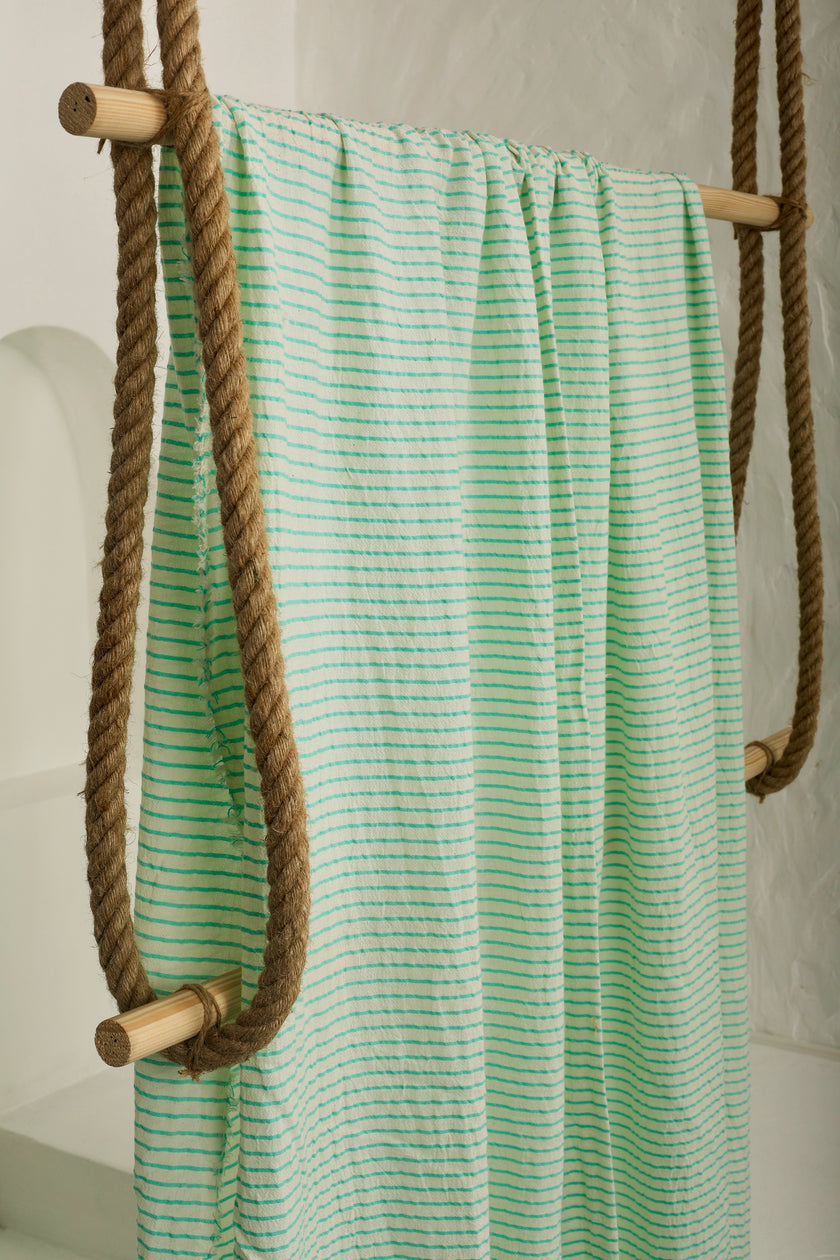 Mint Green Striped Neutral Organic Cotton Fabric By The Meter.