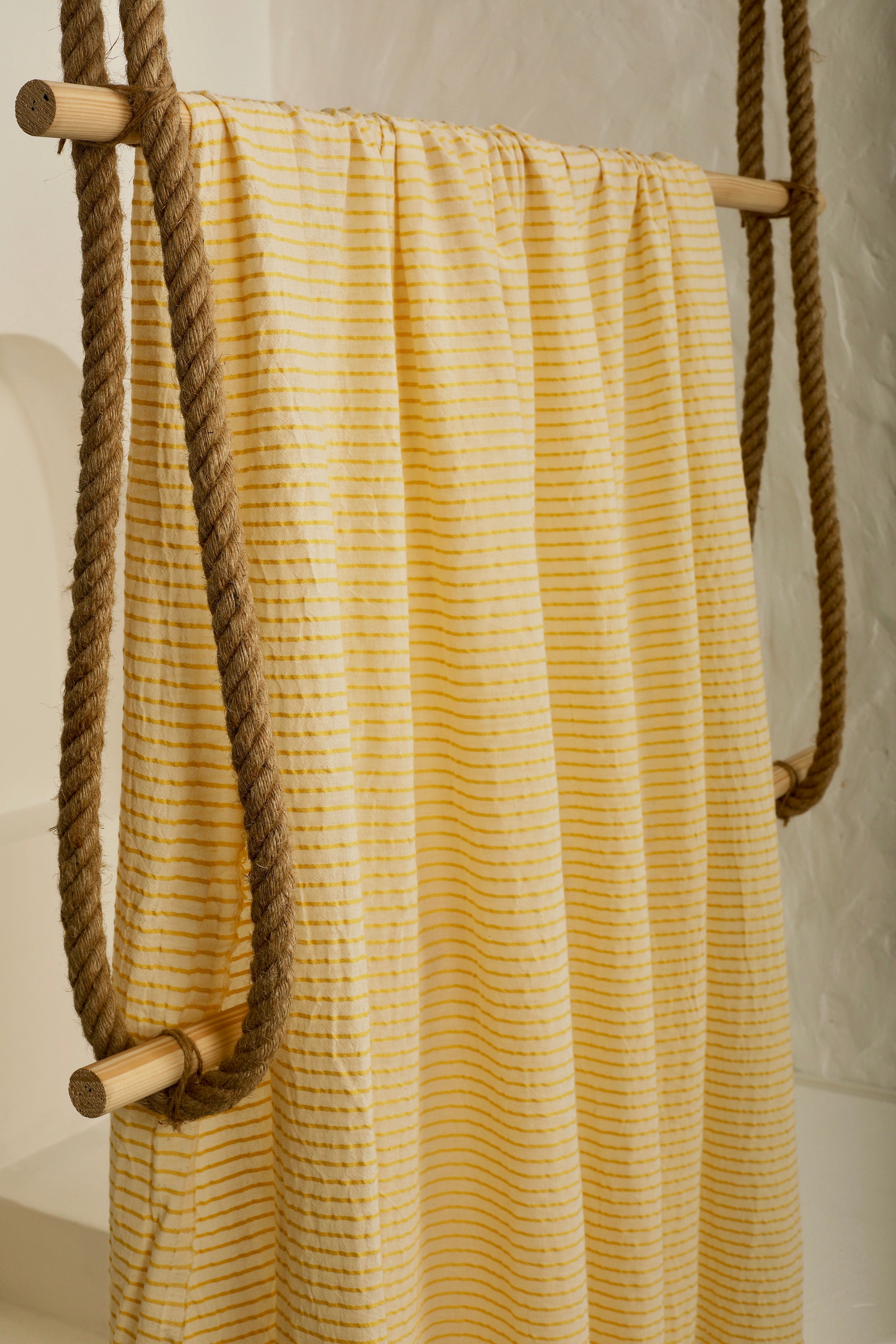Yellow Striped Organic Cotton Fabric By The Meter, Crinkle Fabric With Pin Stripes.