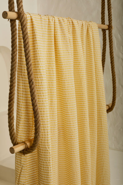 Yellow Striped Organic Cotton Fabric By The Meter, Crinkle Fabric With Pin Stripes.