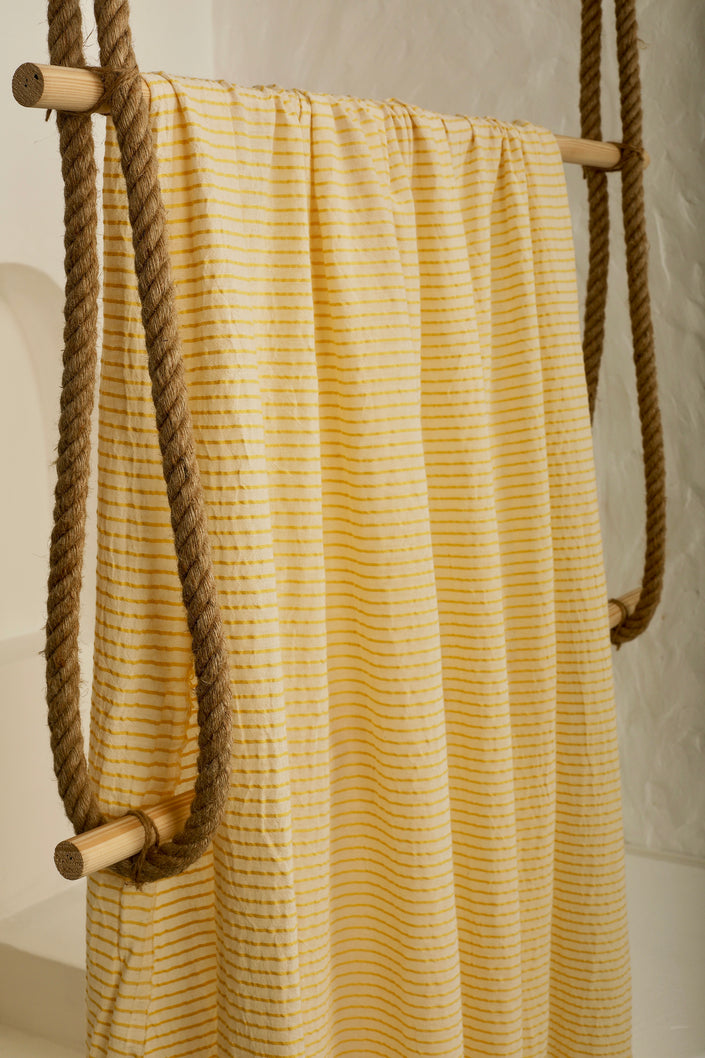 Yellow Striped Organic Cotton Fabric By The Meter, Crinkle Fabric With Pin Stripes.