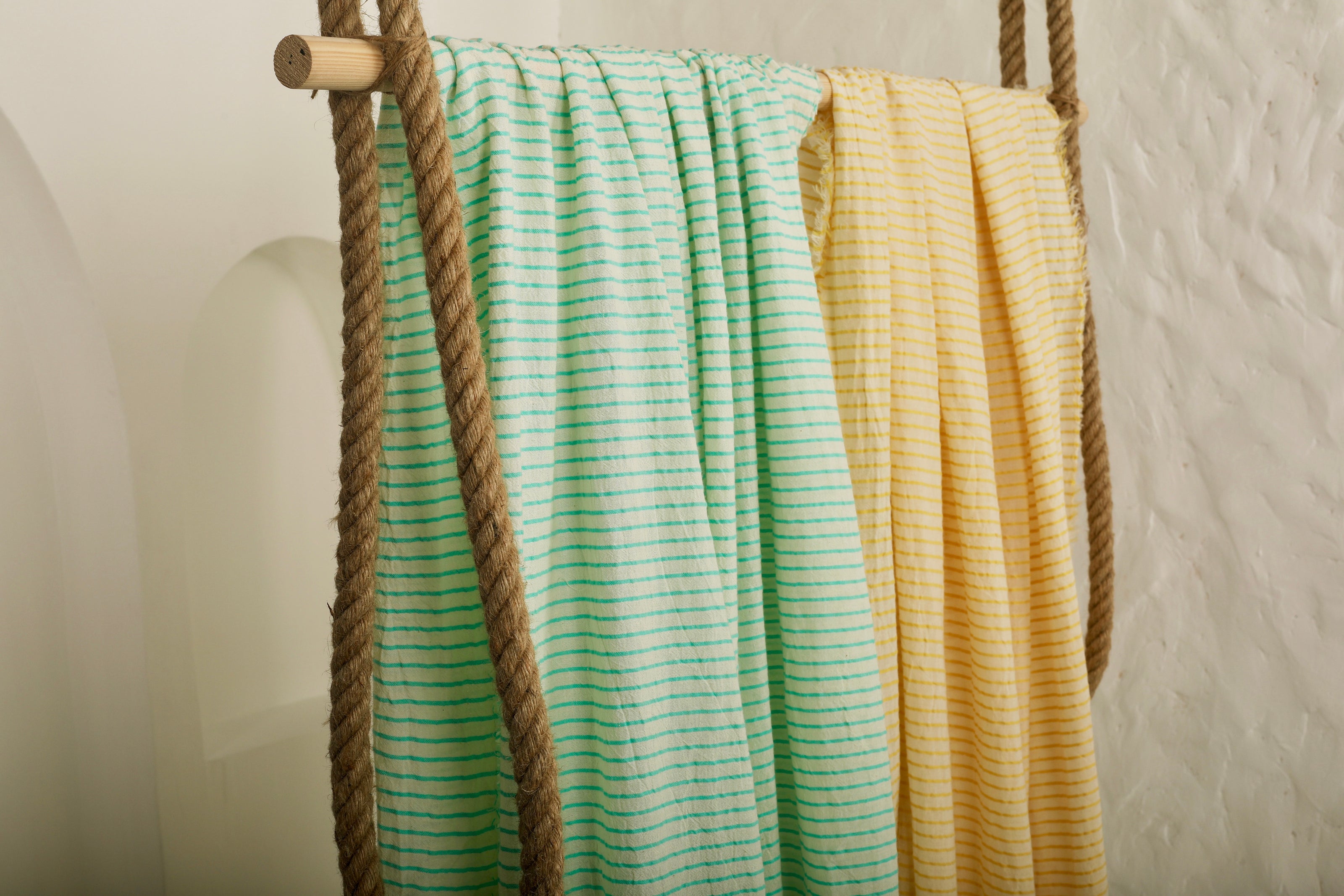 Mint Green Striped Neutral Organic Cotton Fabric By The Meter.