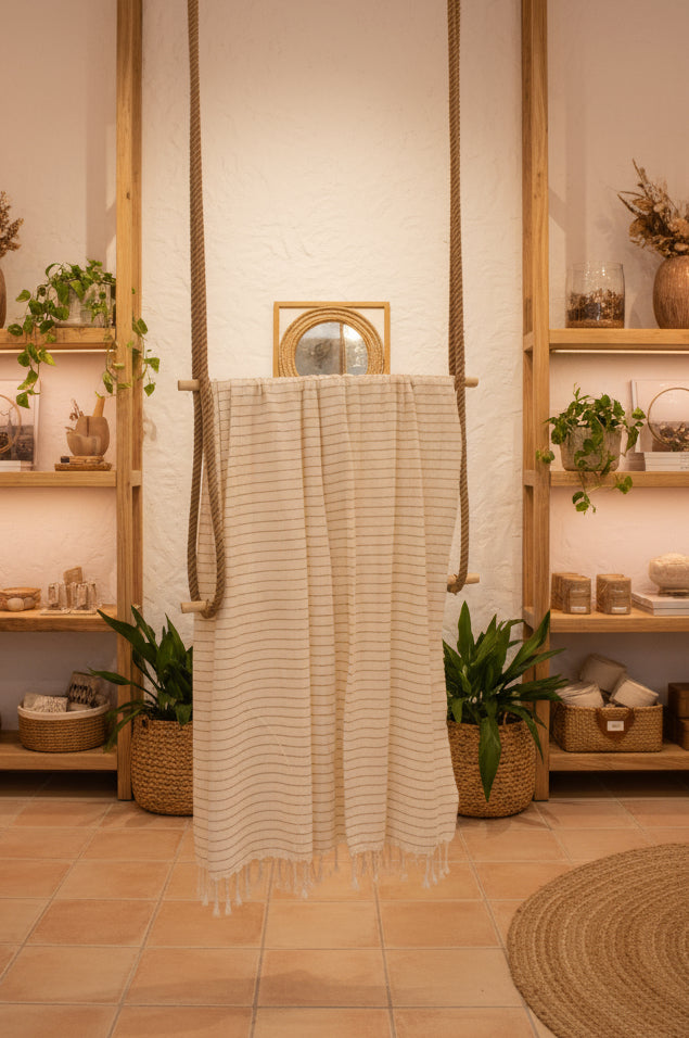 Beige Striped Neutral Organic Cotton Fabric By The Meter.