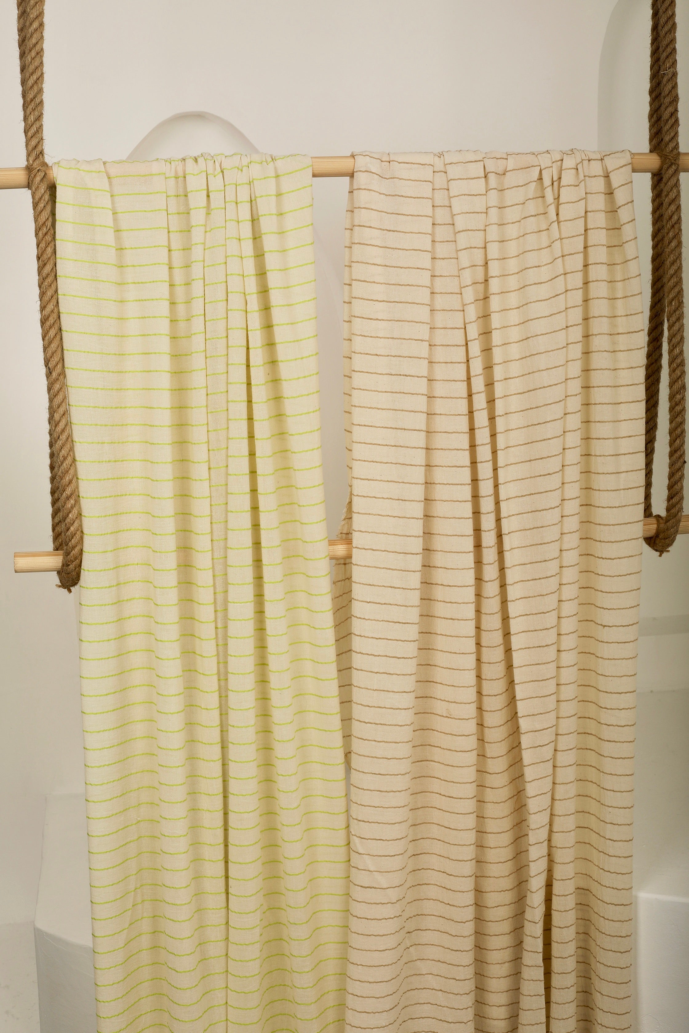 Green Striped Neutral Organic Cotton Fabric By The Meter.