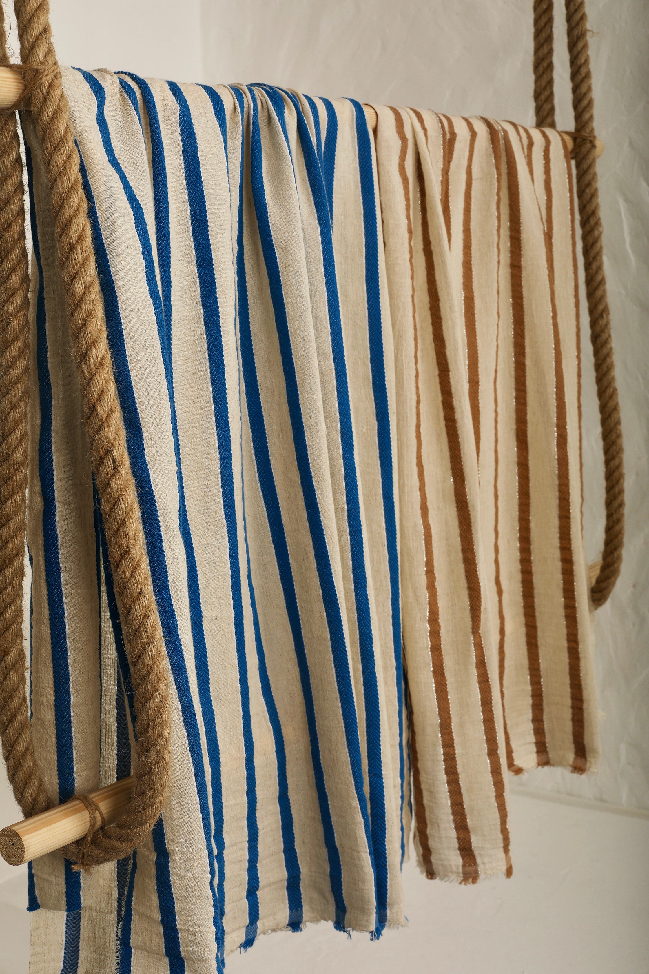 Herringbone Striped Neutral Organic Cotton Double Face Fabric By The Meter.