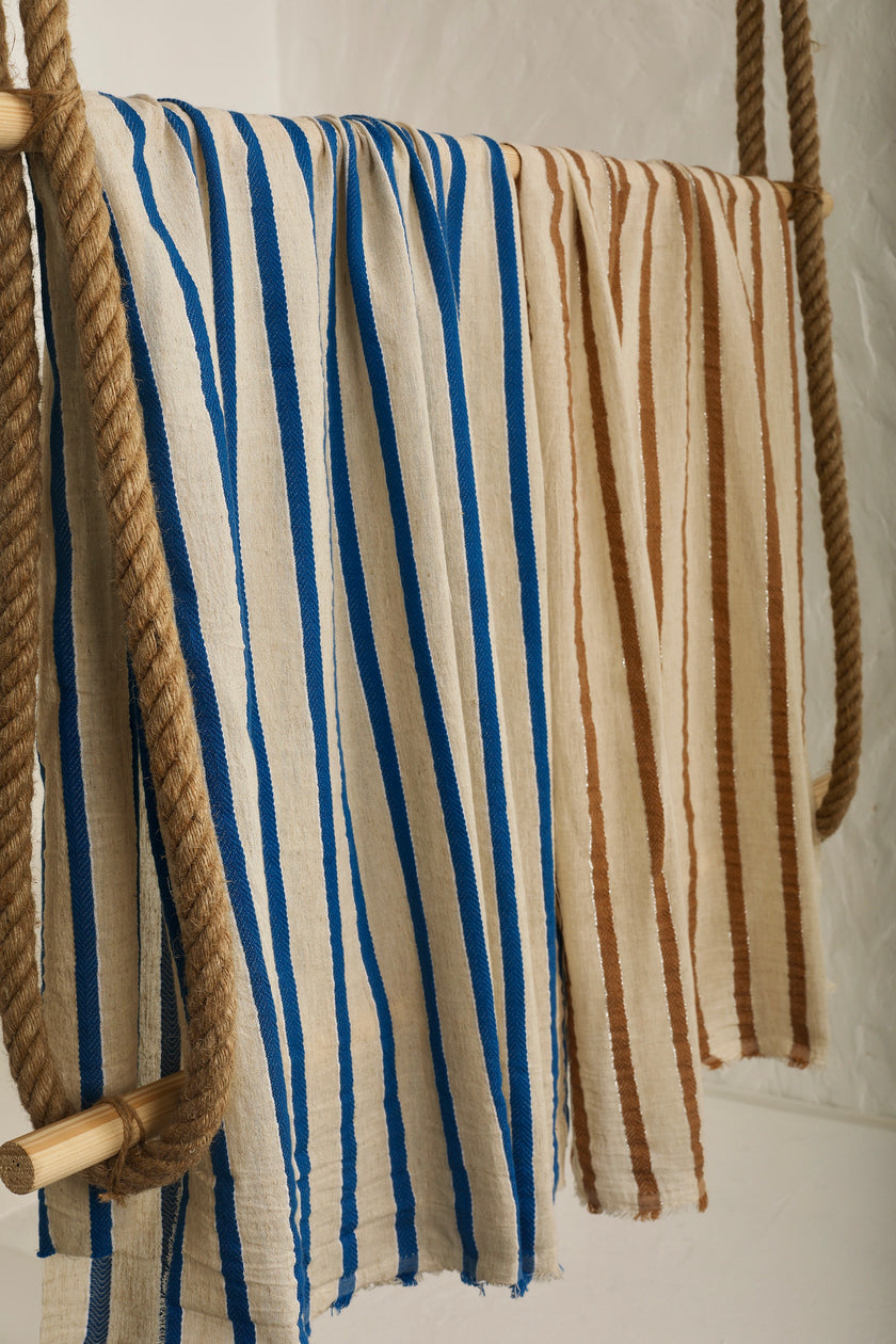 Herringbone Striped Neutral Organic Cotton Double Face Fabric By The Meter.