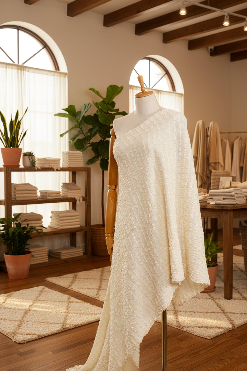 Neutral Textured Cotton Stretchy Crinkle Fabric.