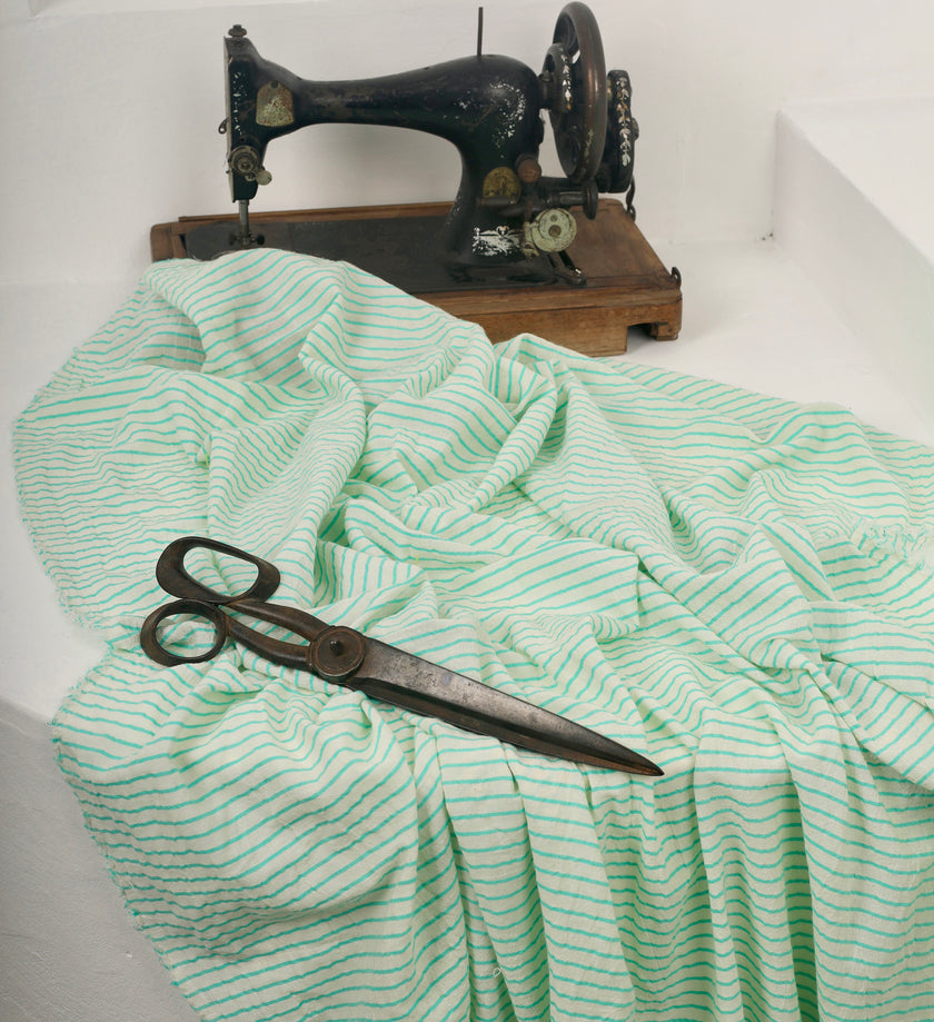 Mint Green Striped Neutral Organic Cotton Fabric By The Meter.