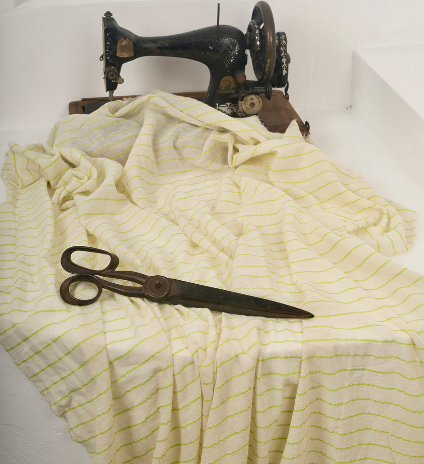 Green Striped Neutral Organic Cotton Fabric By The Meter.
