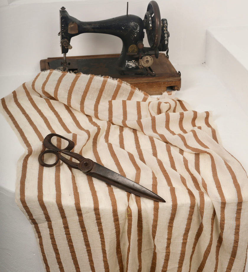 Herringbone Striped Neutral Organic Cotton Double Face Fabric By The Meter.