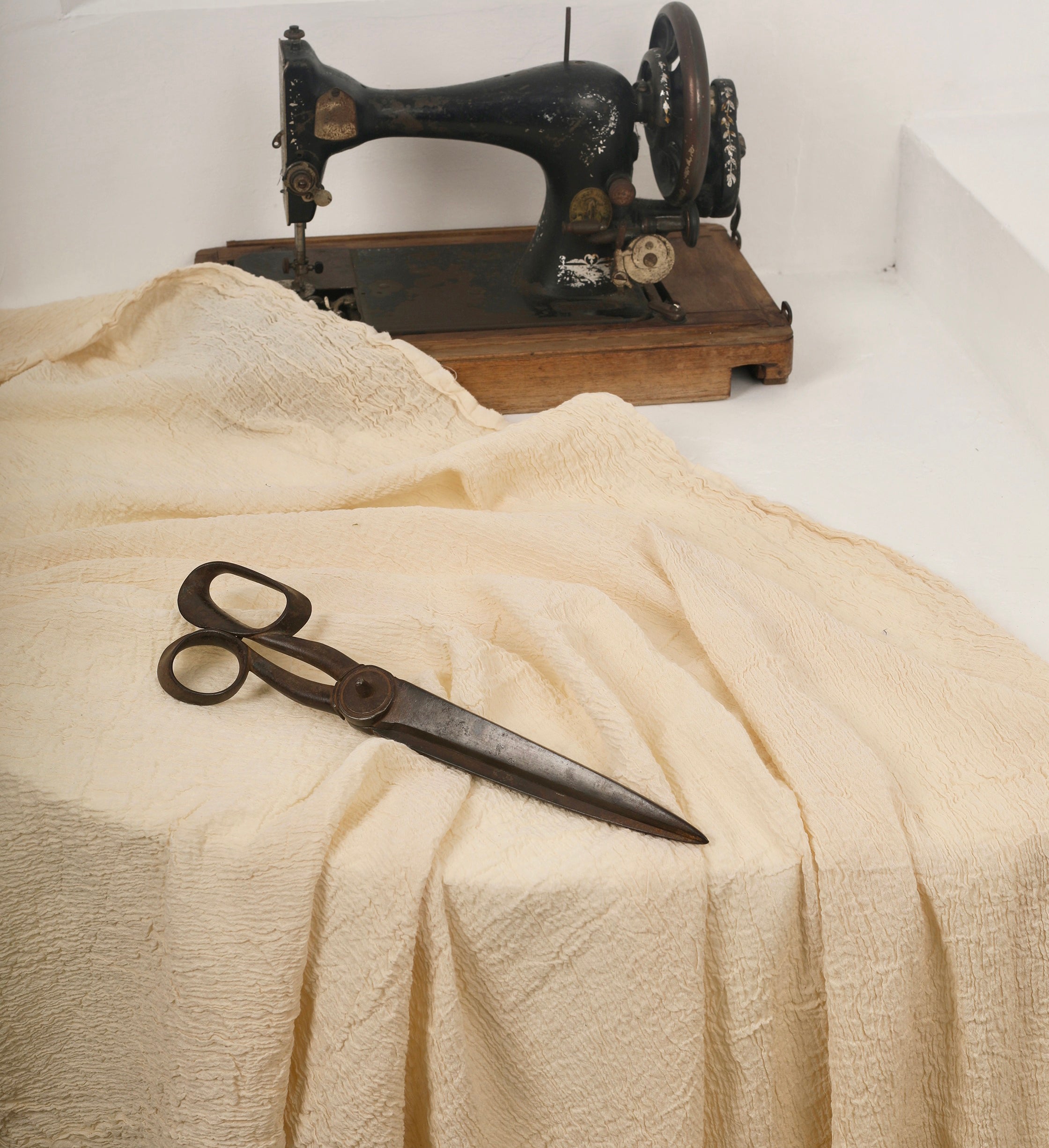 Neutral Stretchy Crinkle Cotton Fabric, Textured Surface, Off White Handwoven.