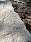 Tissu en coton froissé extensible neutre, surface texturée, tissu en coton ivoire blanc cassé, aspect tricoté.