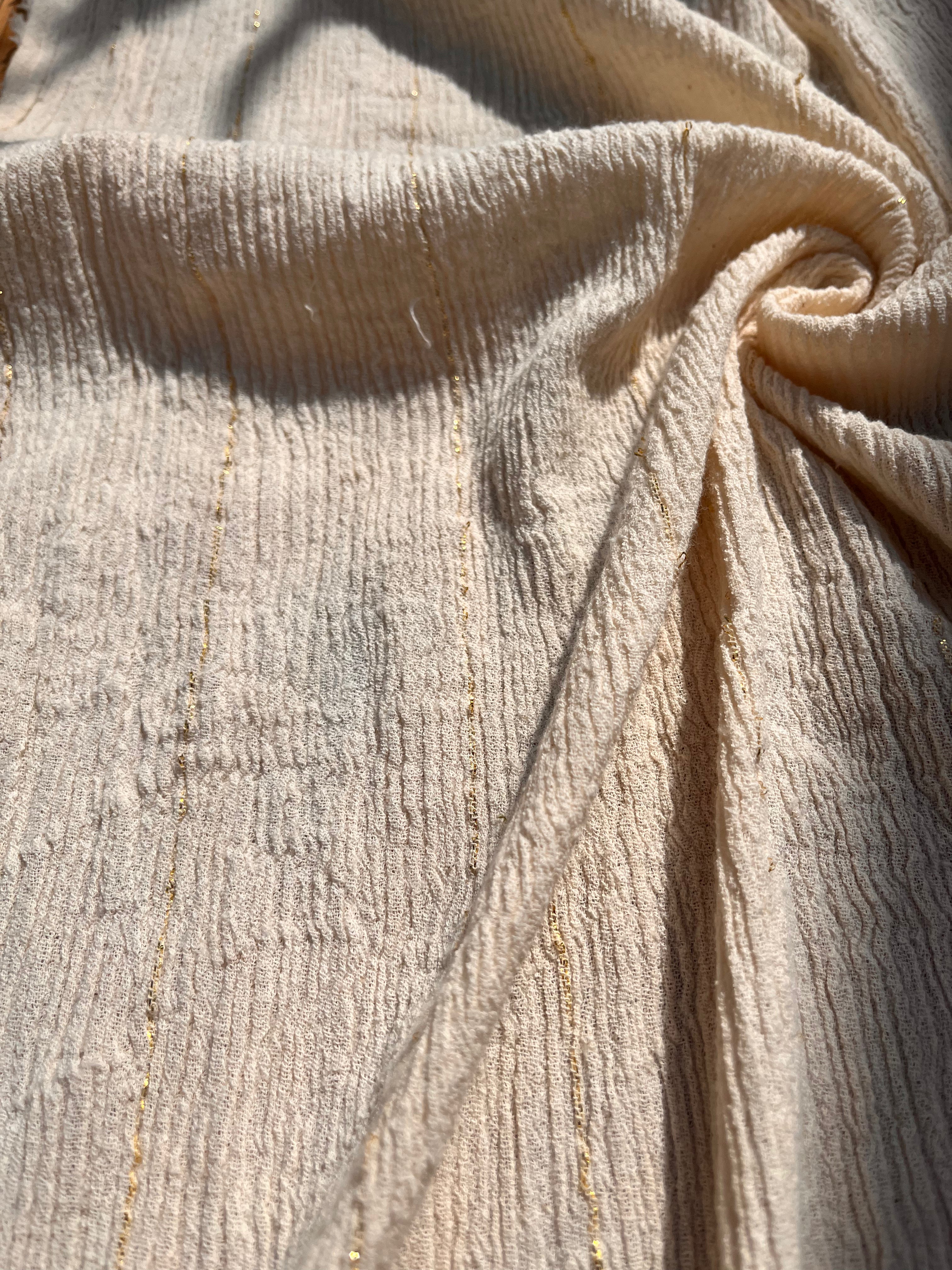 Neutral Stretchy Crinkle Cotton Fabric, Textured Surface, Off White Handwoven Cotton With Glitter Stripes.
