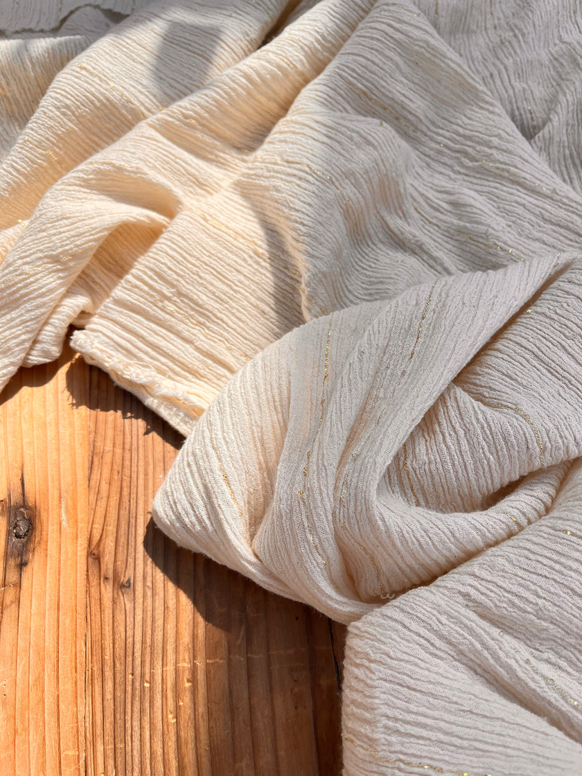 Neutral Stretchy Crinkle Cotton Fabric, Textured Surface, Off White Handwoven Cotton With Glitter Stripes.