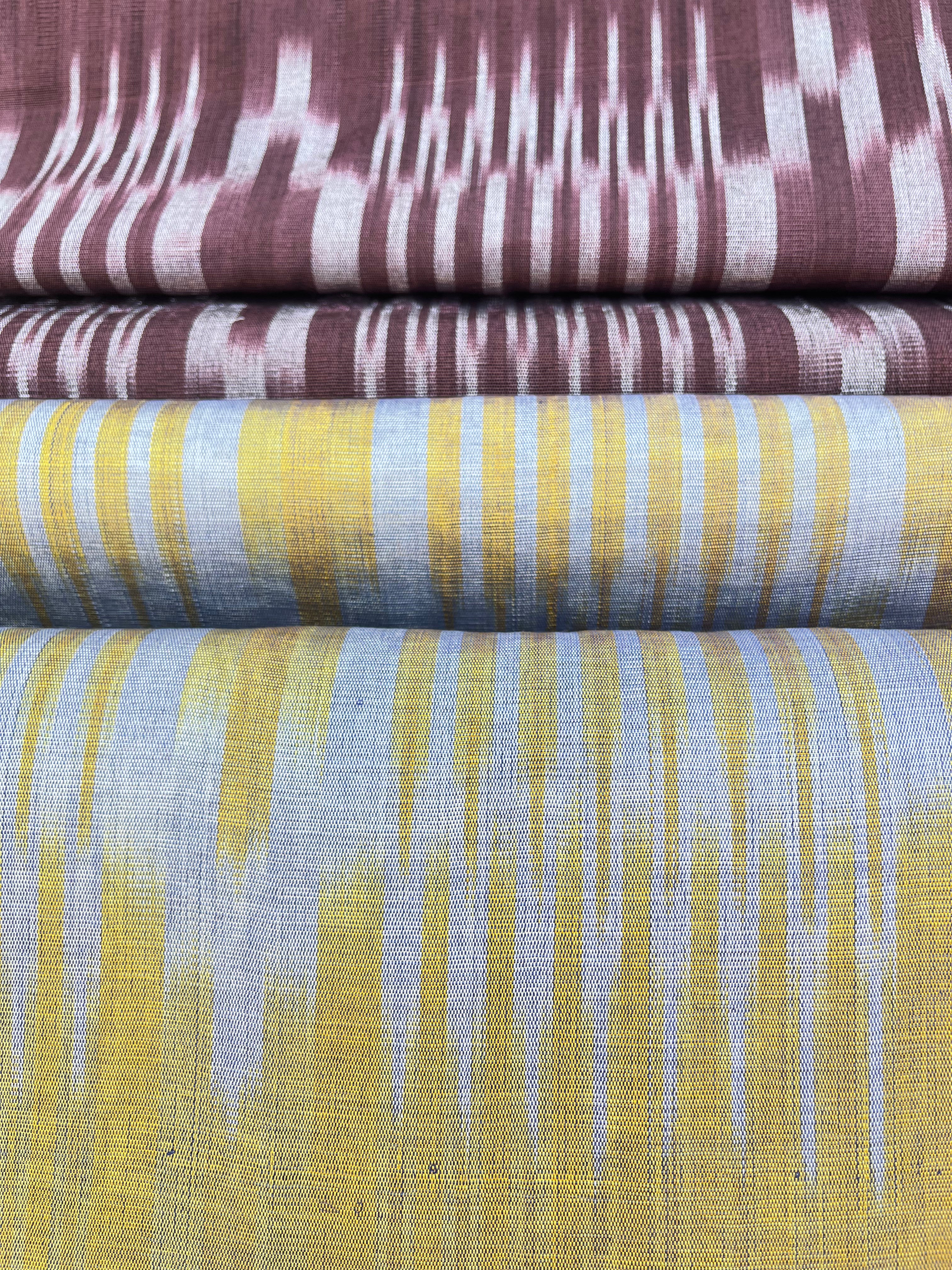 Yellow Ikat Striped Luxurious Silk Upholstery For Ottoman Headboard, Home Textile Interior Fabrics.