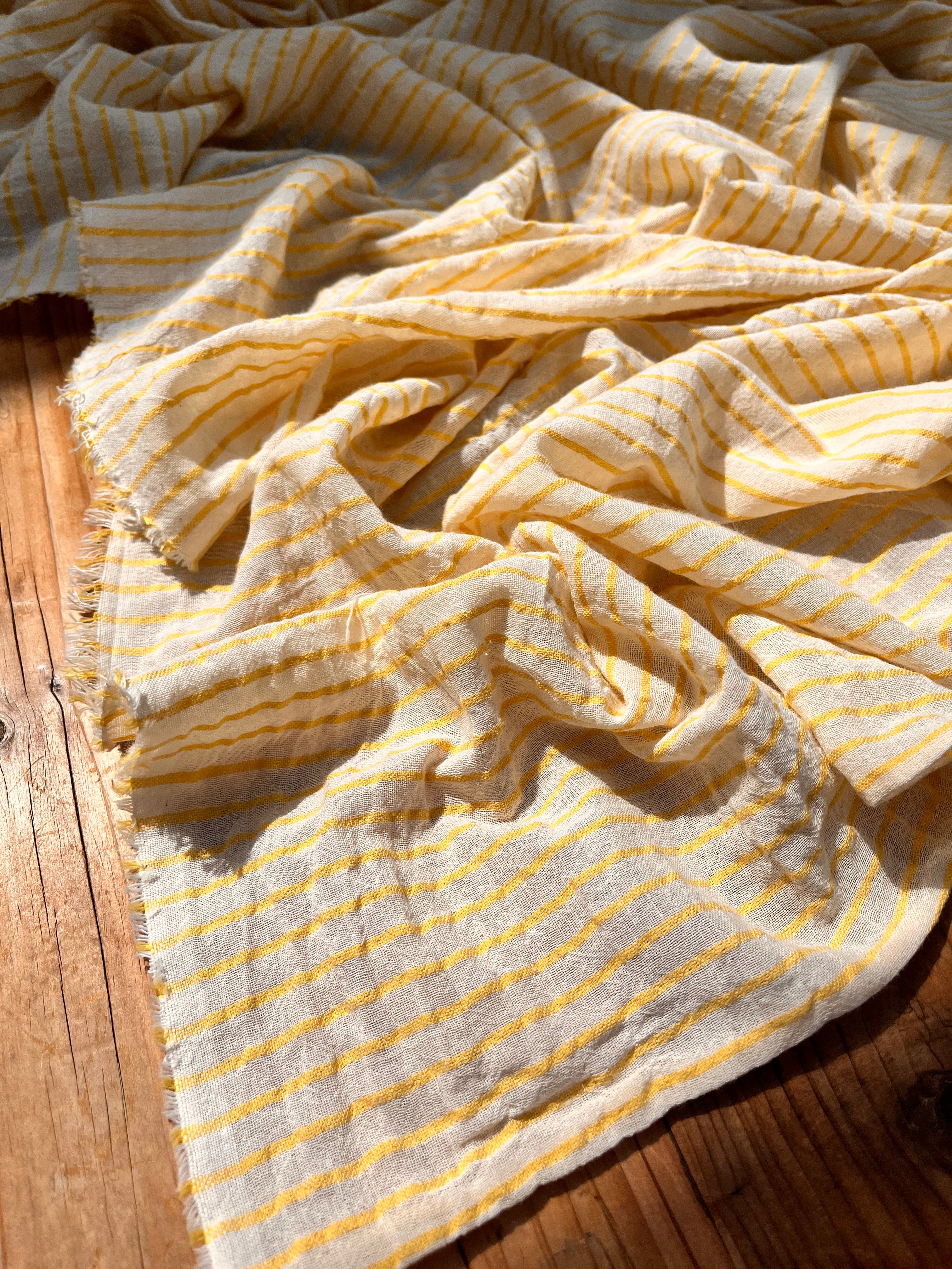Yellow Striped Organic Cotton Fabric By The Meter, Crinkle Fabric With Pin Stripes.