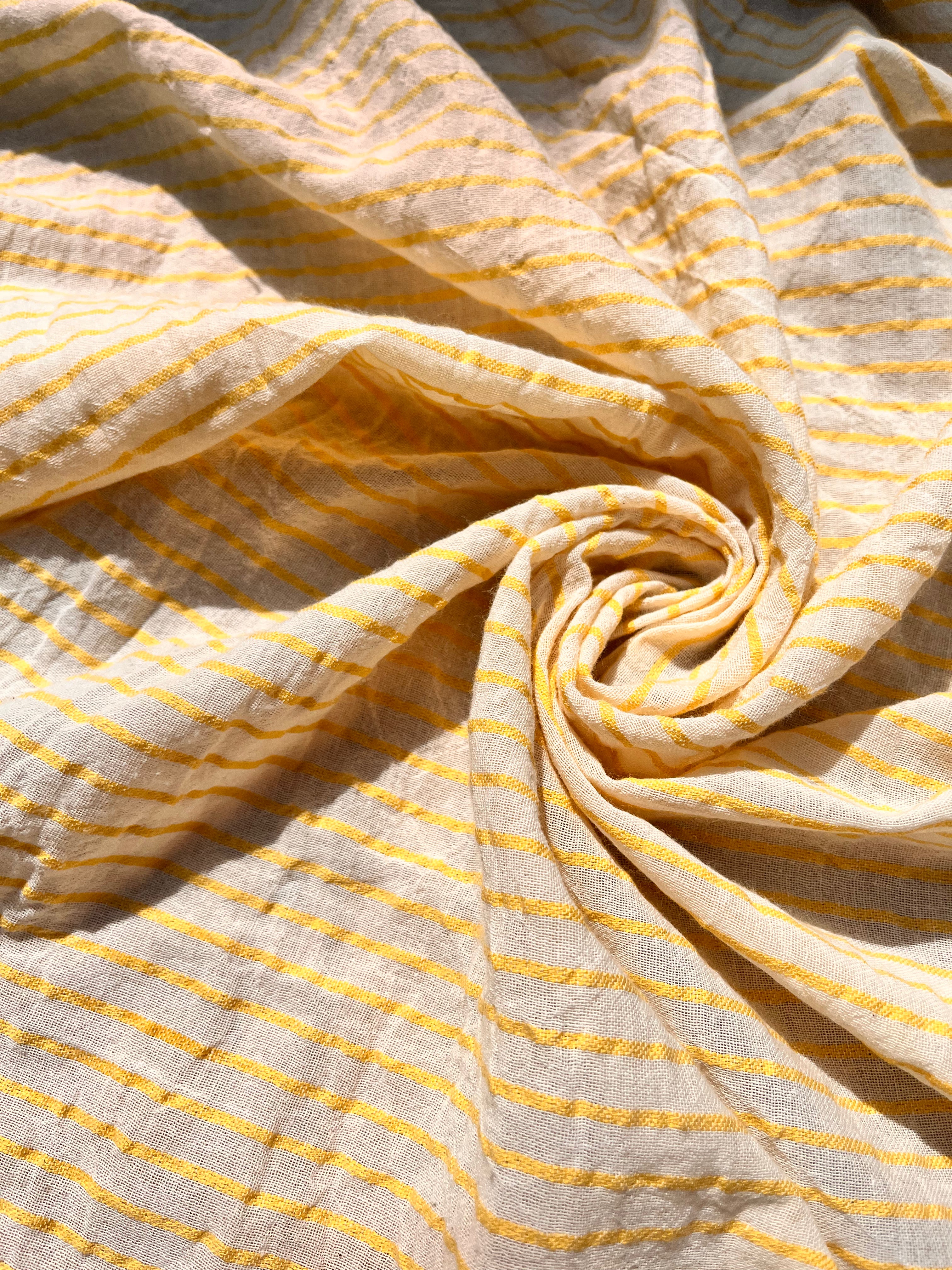 Yellow Striped Organic Cotton Fabric By The Meter, Crinkle Fabric With Pin Stripes.