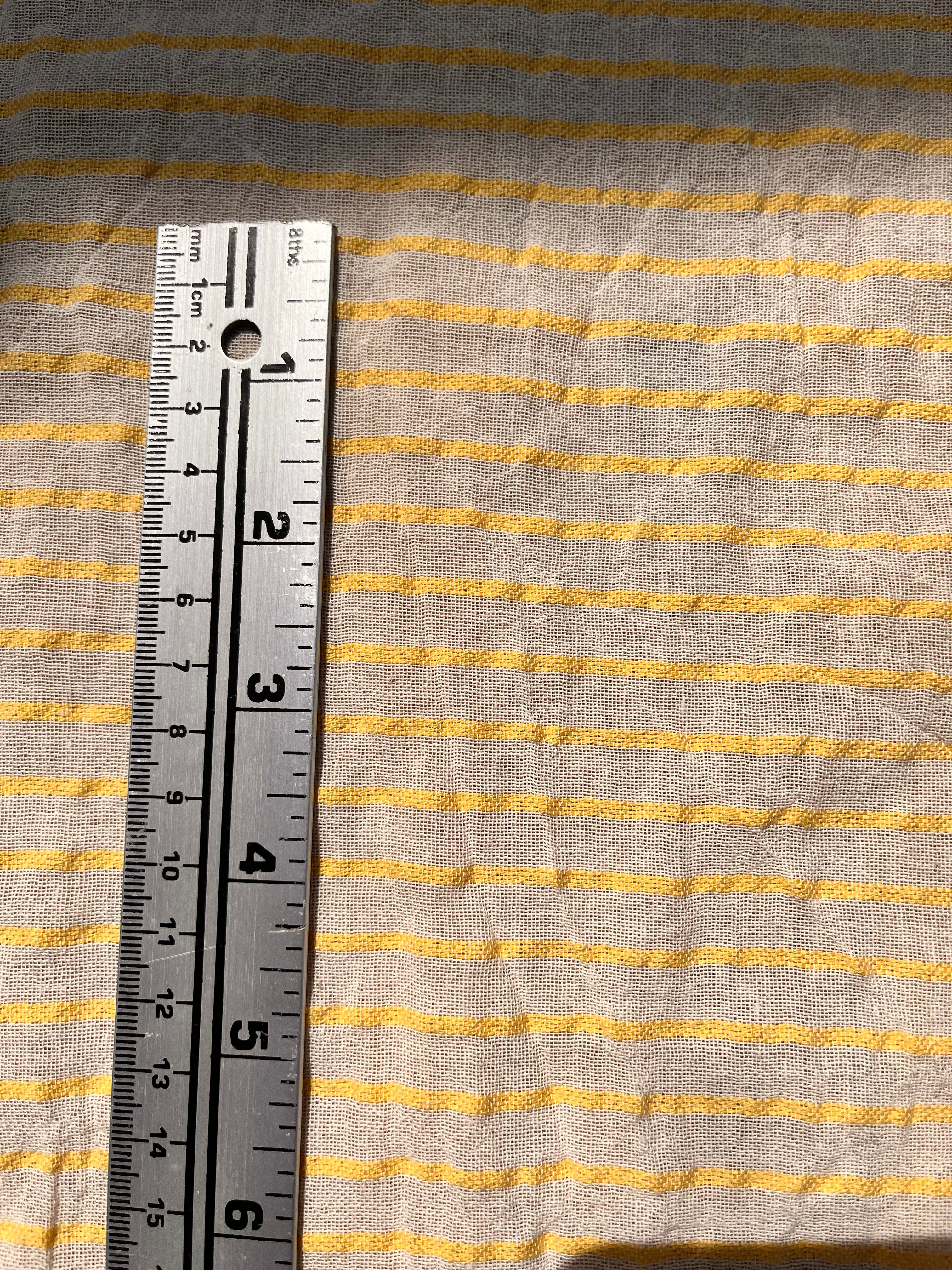 Yellow Striped Organic Cotton Fabric By The Meter, Crinkle Fabric With Pin Stripes.