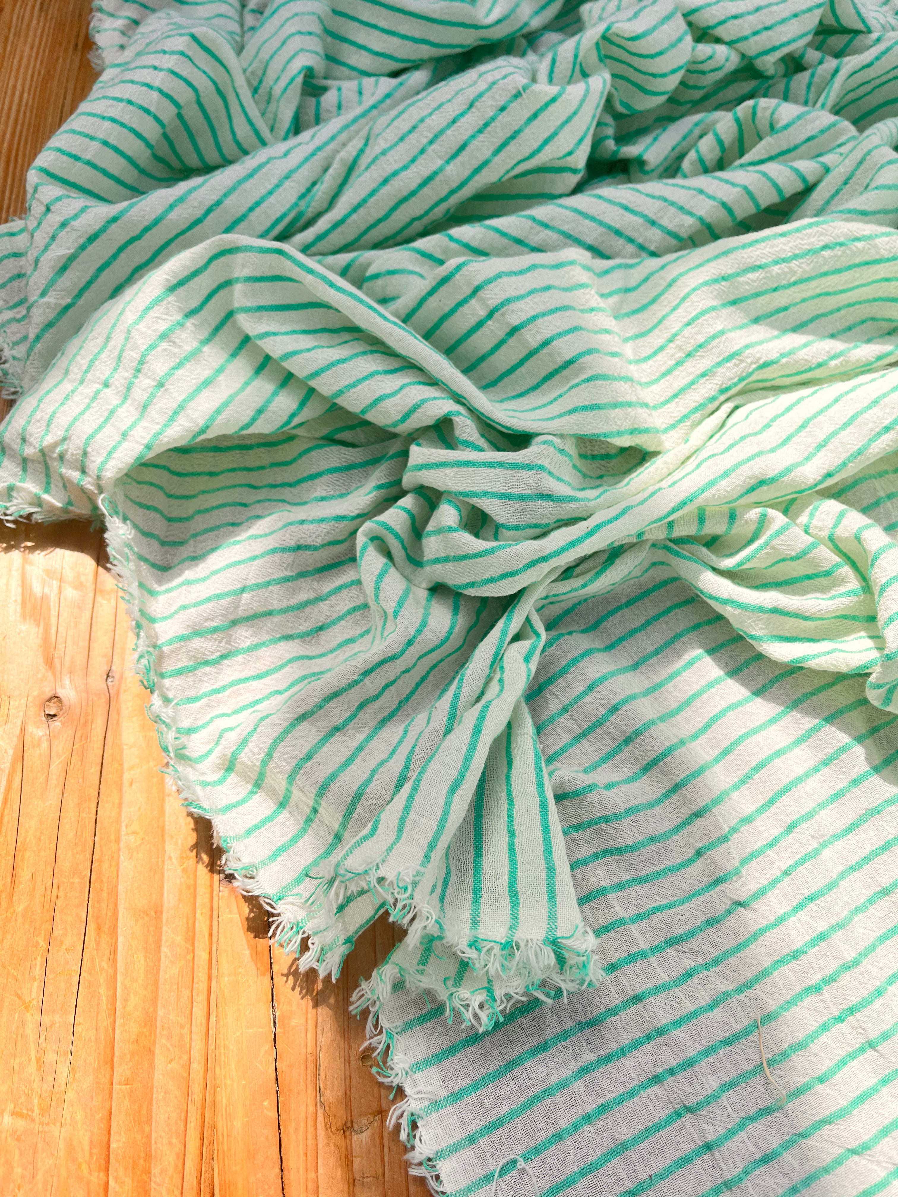 Mint Green Striped Neutral Organic Cotton Fabric By The Meter.