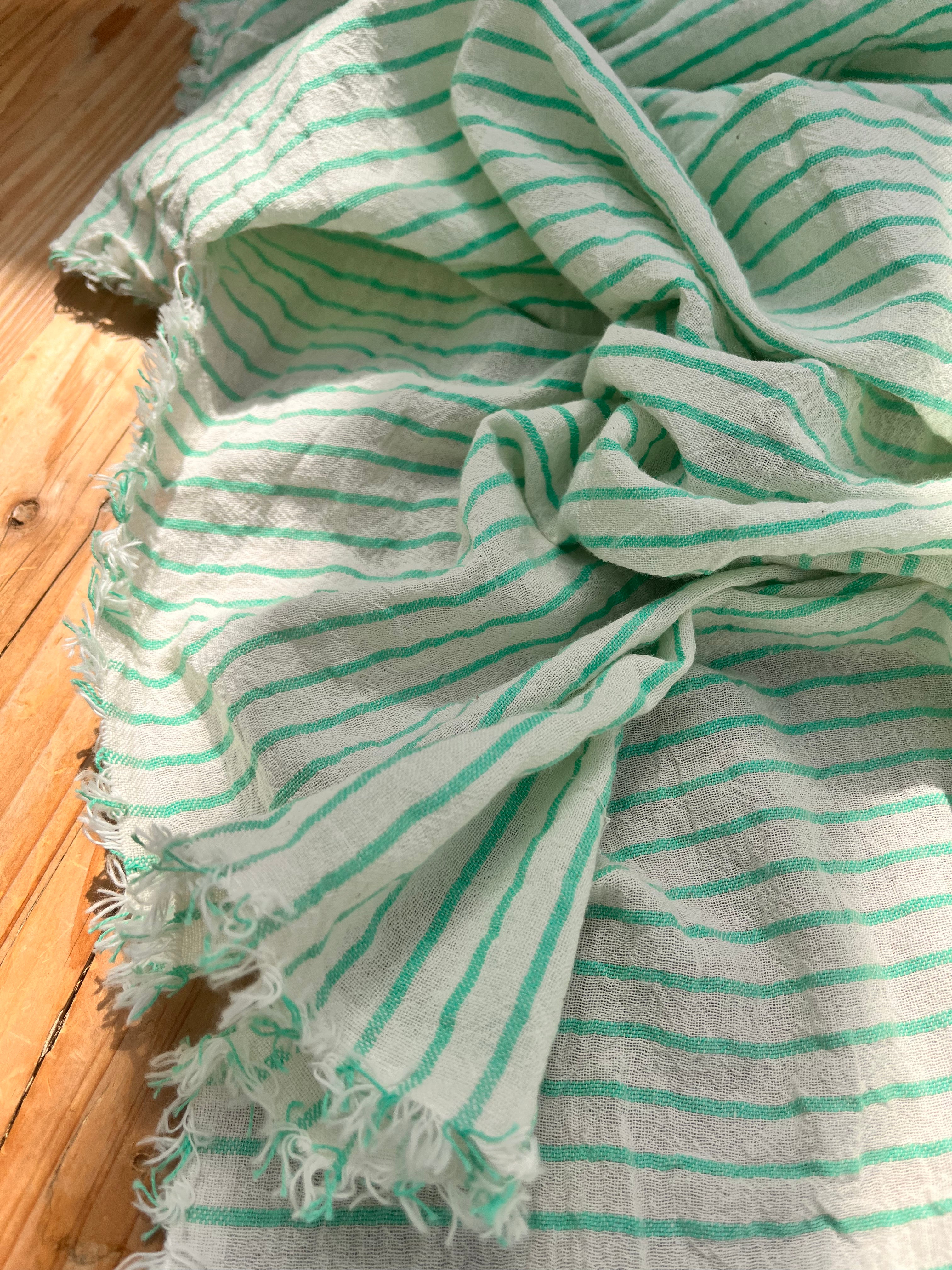Mint Green Striped Neutral Organic Cotton Fabric By The Meter.