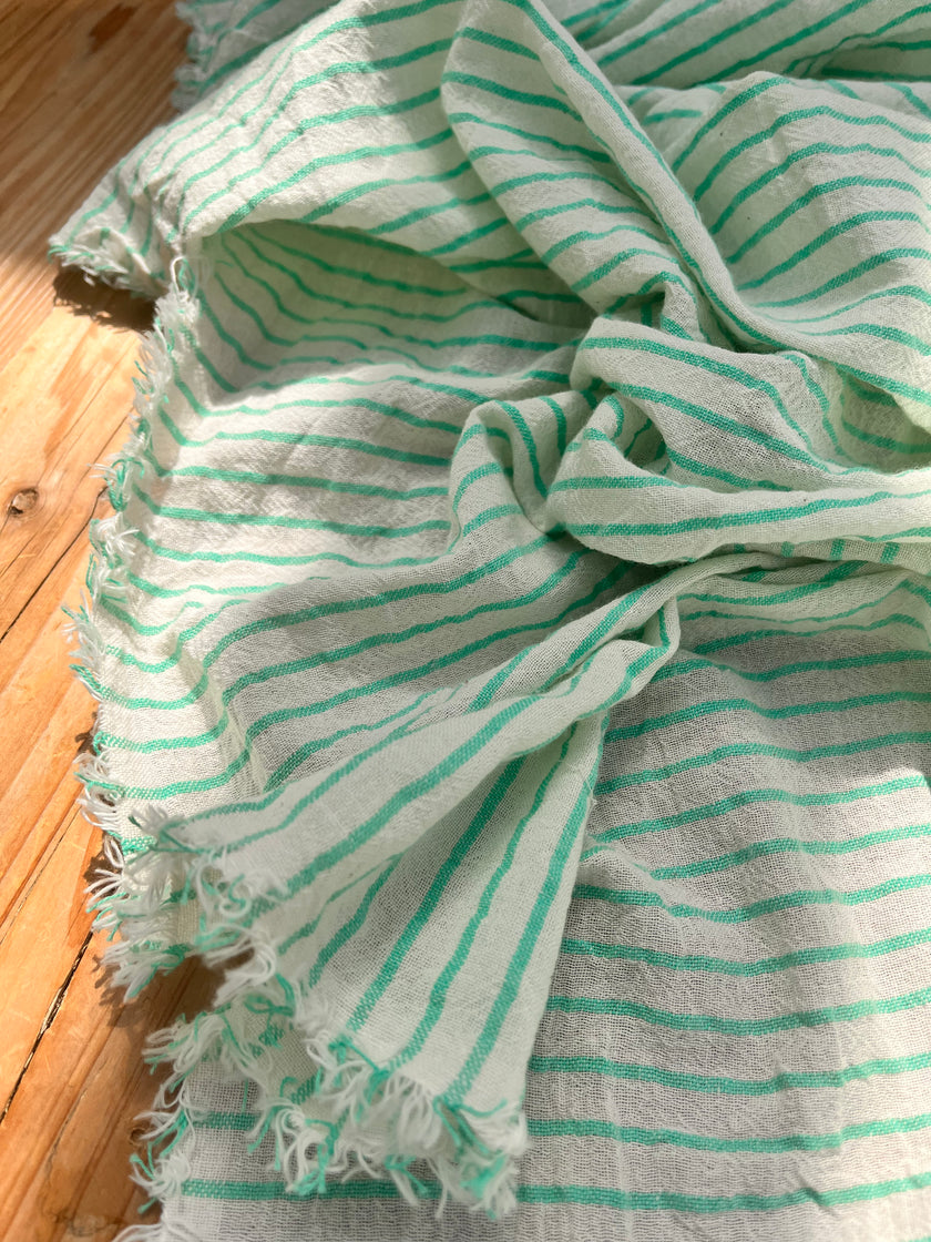 Mint Green Striped Neutral Organic Cotton Fabric By The Meter.