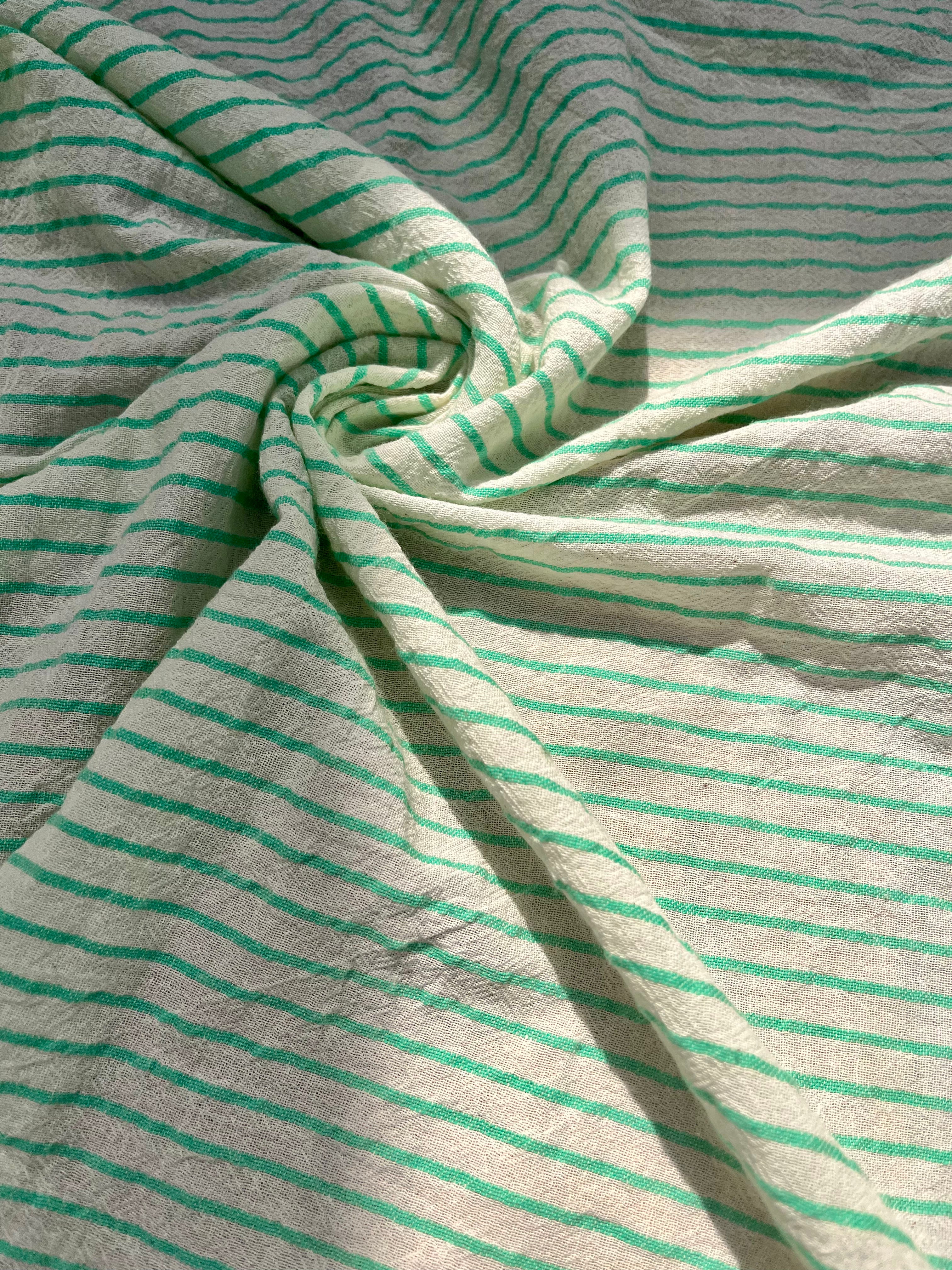 Mint Green Striped Neutral Organic Cotton Fabric By The Meter.