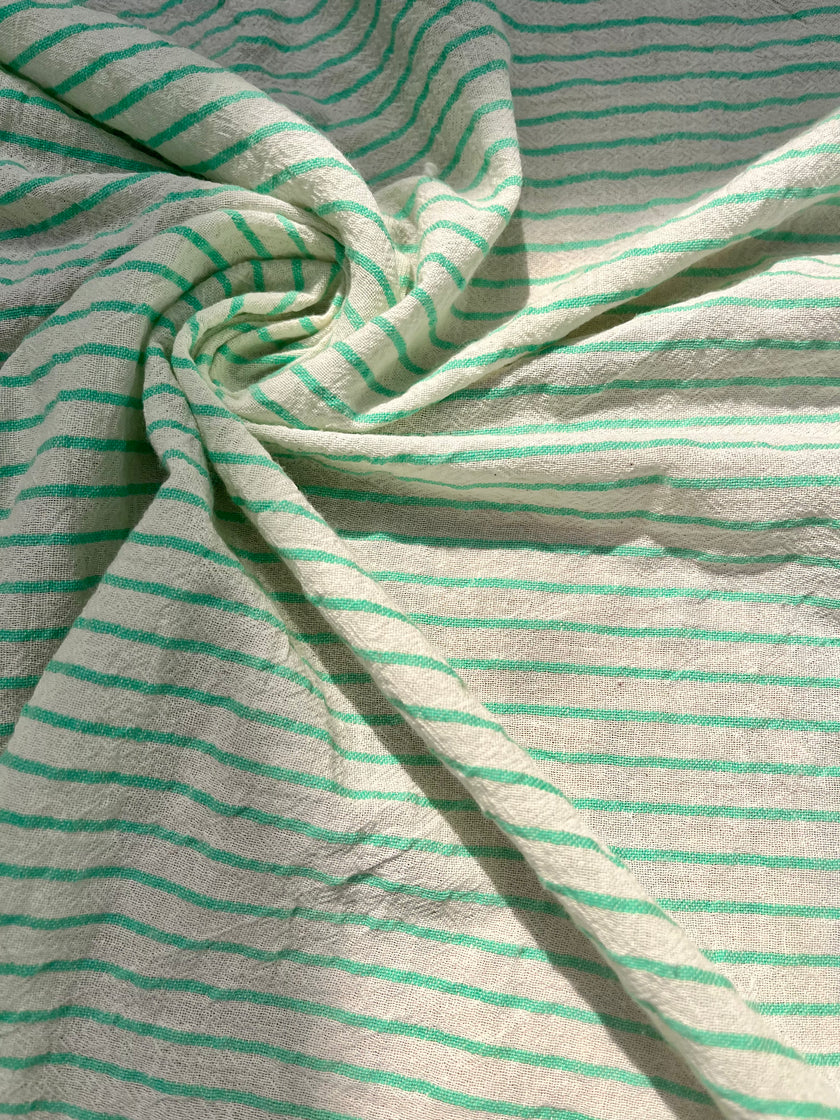 Mint Green Striped Neutral Organic Cotton Fabric By The Meter.