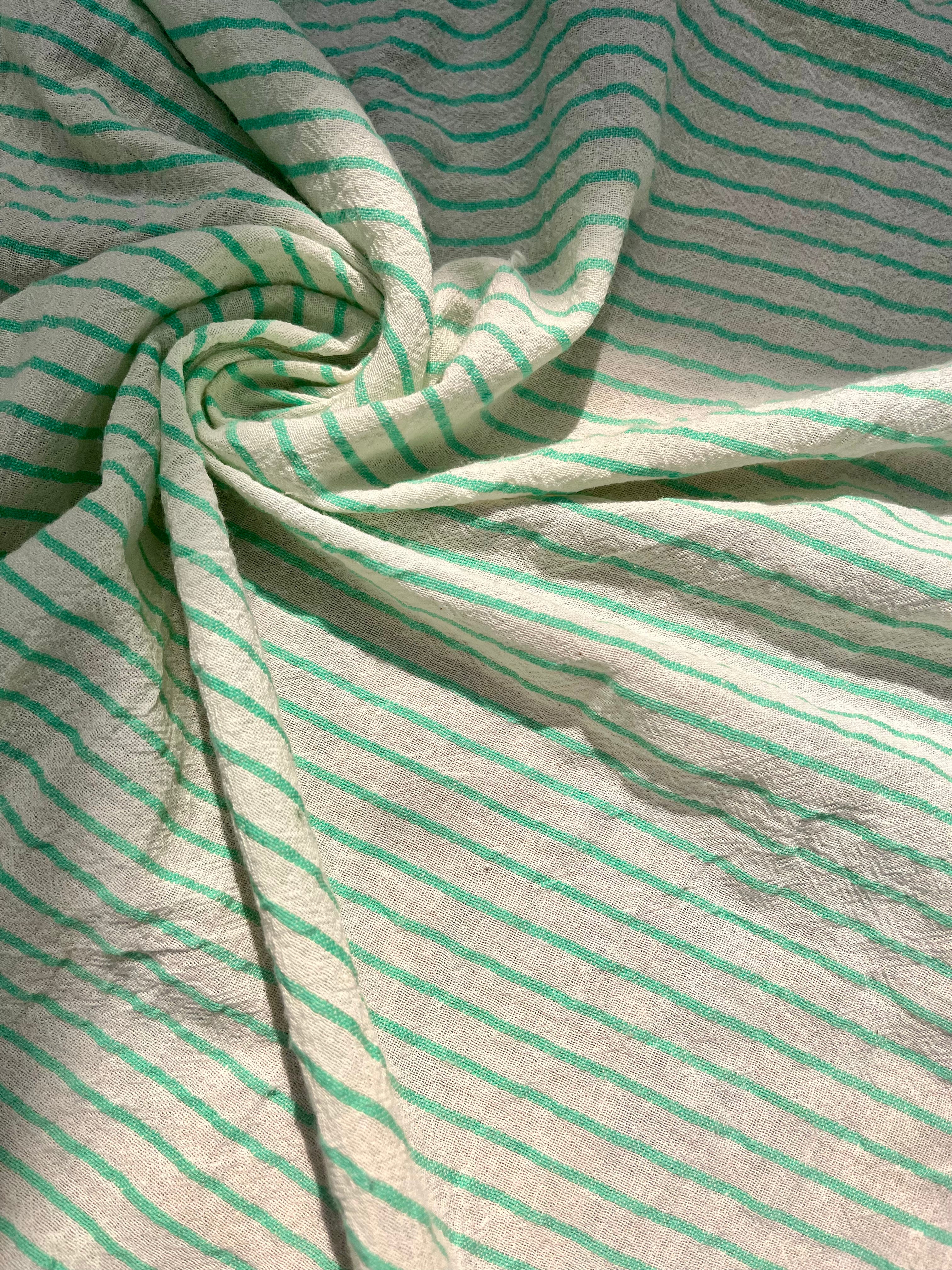 Mint Green Striped Neutral Organic Cotton Fabric By The Meter.