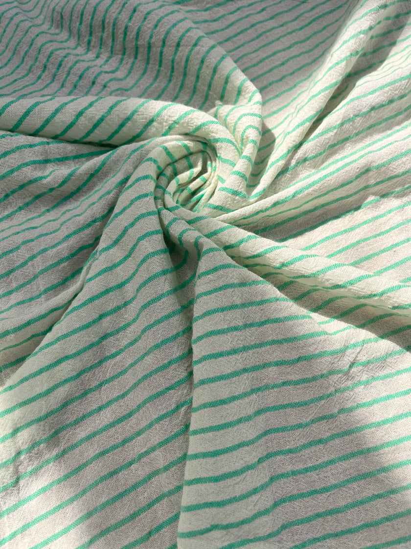 Mint Green Striped Neutral Organic Cotton Fabric By The Meter.