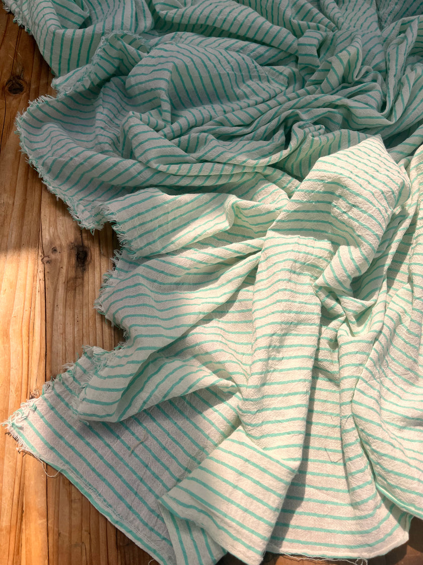 Mint Green Striped Neutral Organic Cotton Fabric By The Meter.