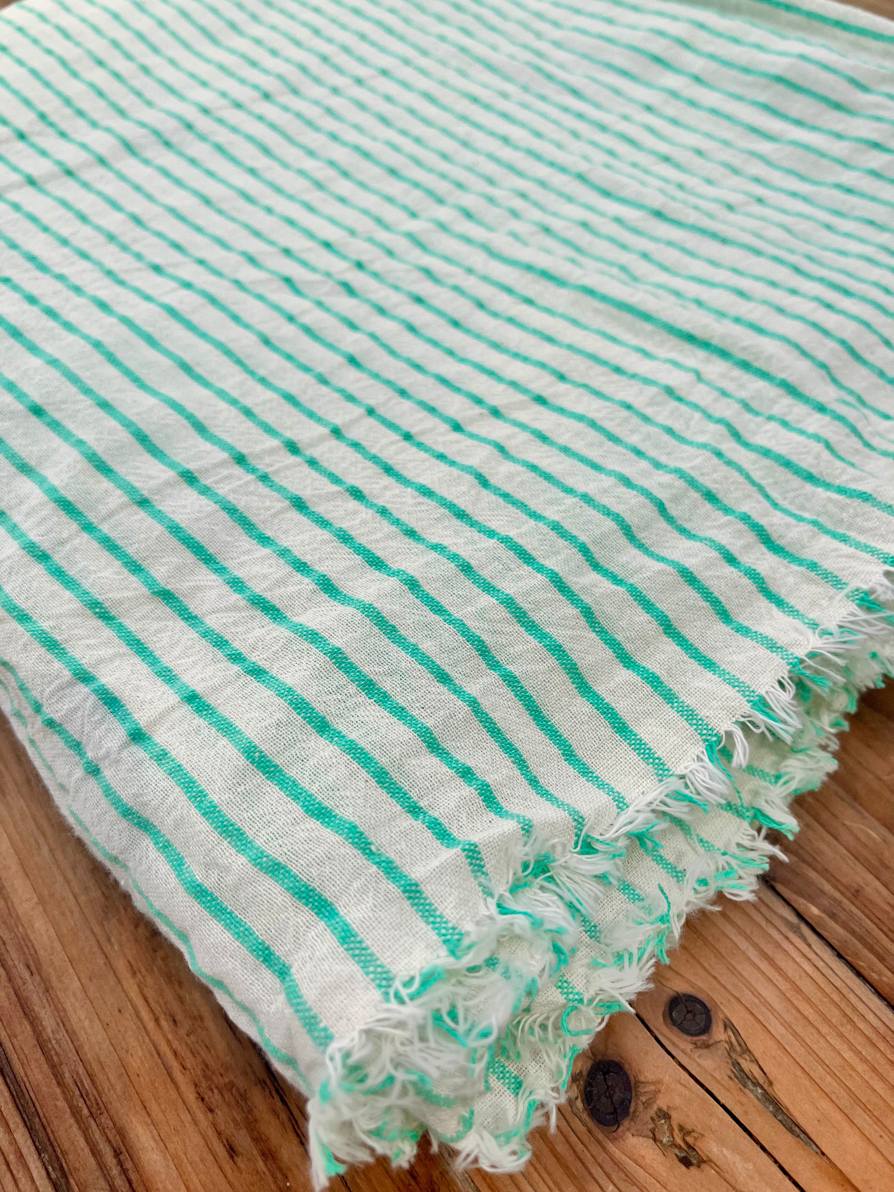 Mint Green Striped Neutral Organic Cotton Fabric By The Meter.