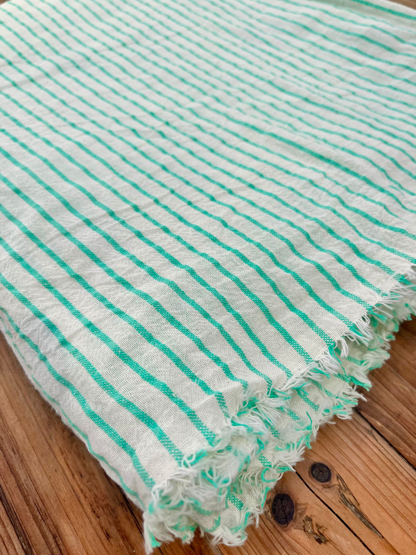 Mint Green Striped Neutral Organic Cotton Fabric By The Meter.